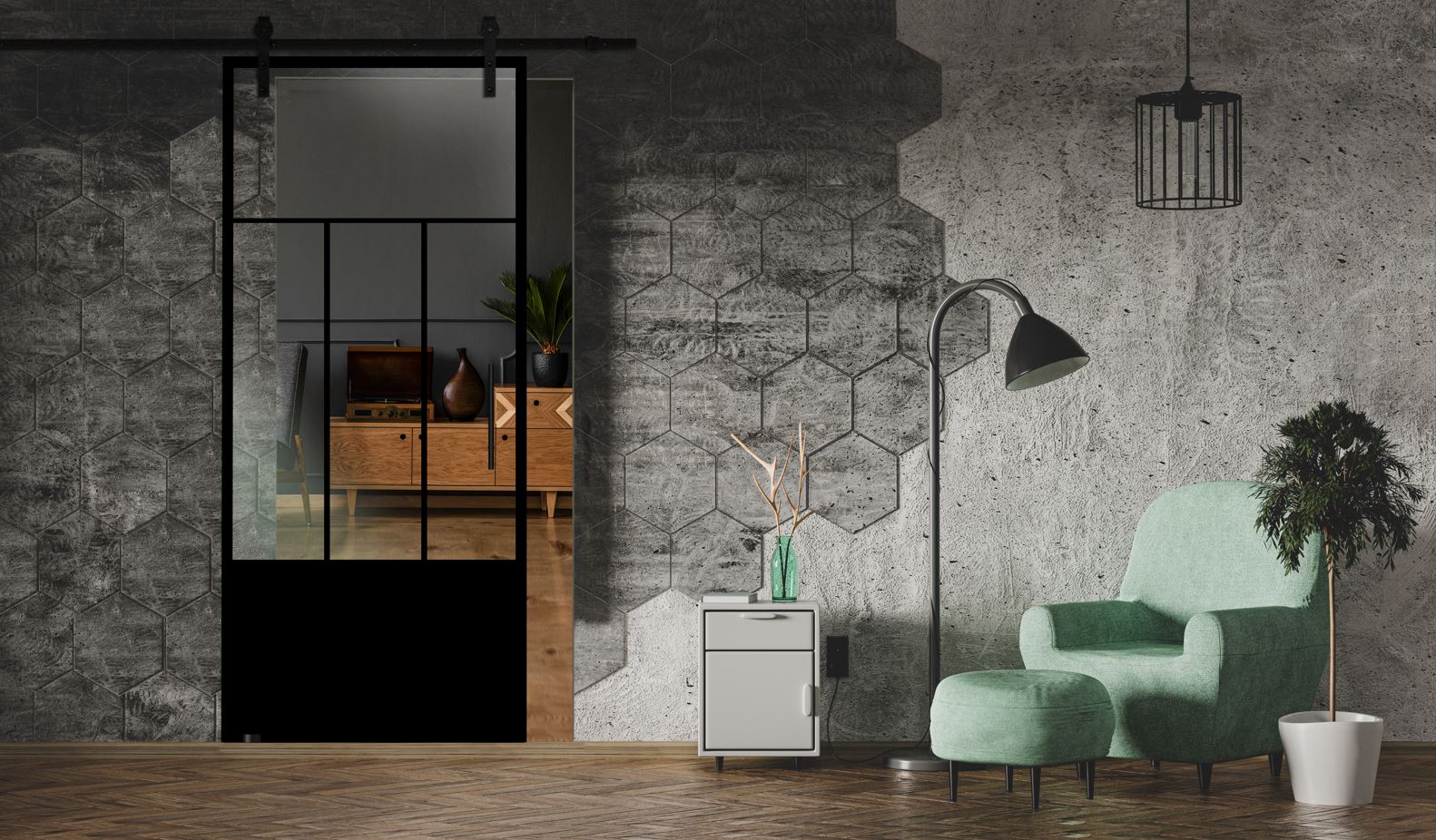 Puerta Corrediza De Vidrio Estilo Industrial Sin Marco ISB - 0001