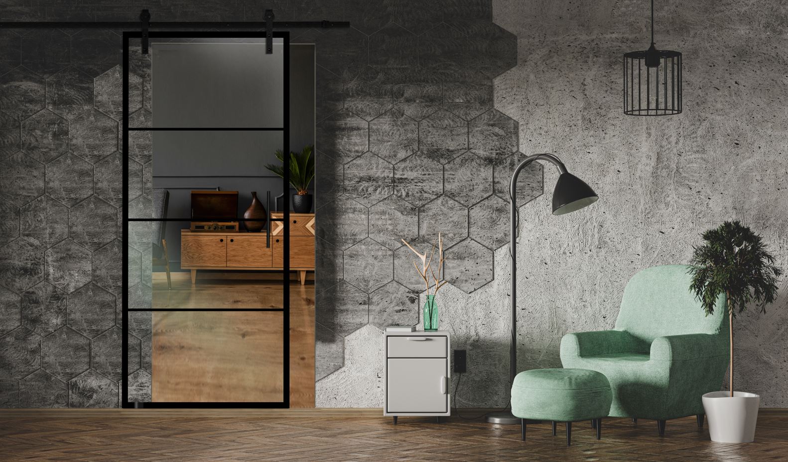 Puerta Corrediza De Vidrio Estilo Industrial Sin Marco ISB - 0002