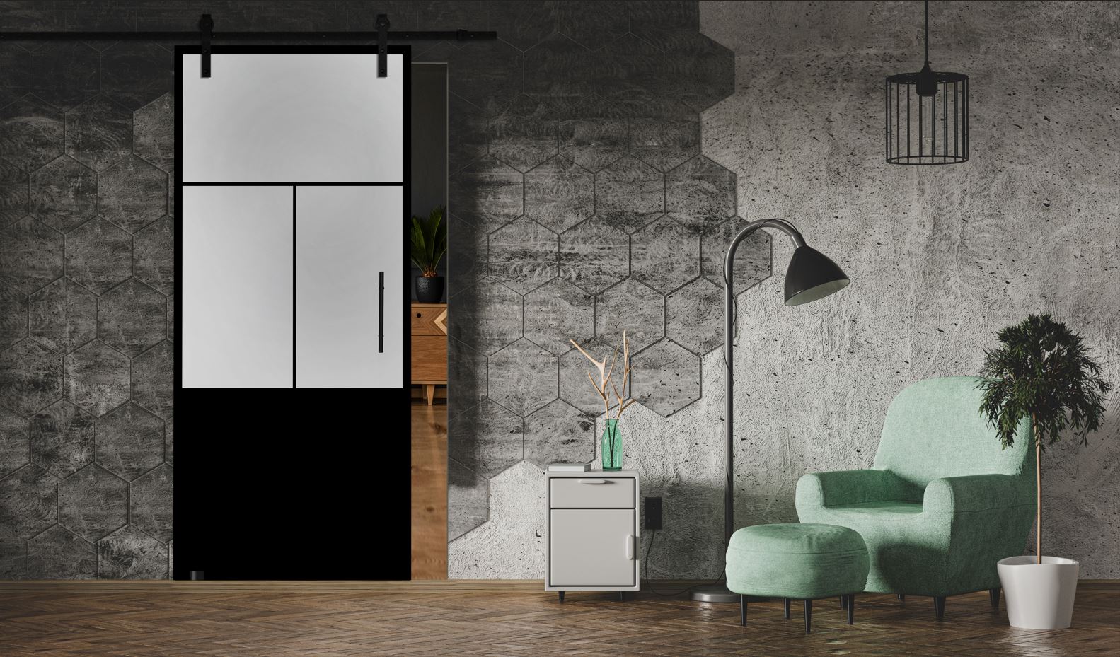 Puerta Corrediza De Vidrio Estilo Industrial Sin Marco ISB - 0003