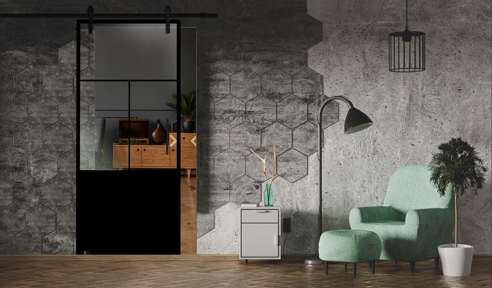 Puerta Corrediza De Vidrio Estilo Industrial Sin Marco ISB - 0003