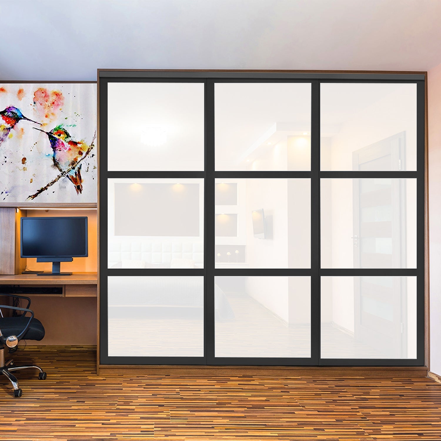 Puerta de clóset de 3 hojas - Vidrio pintado Rojo y Espejo