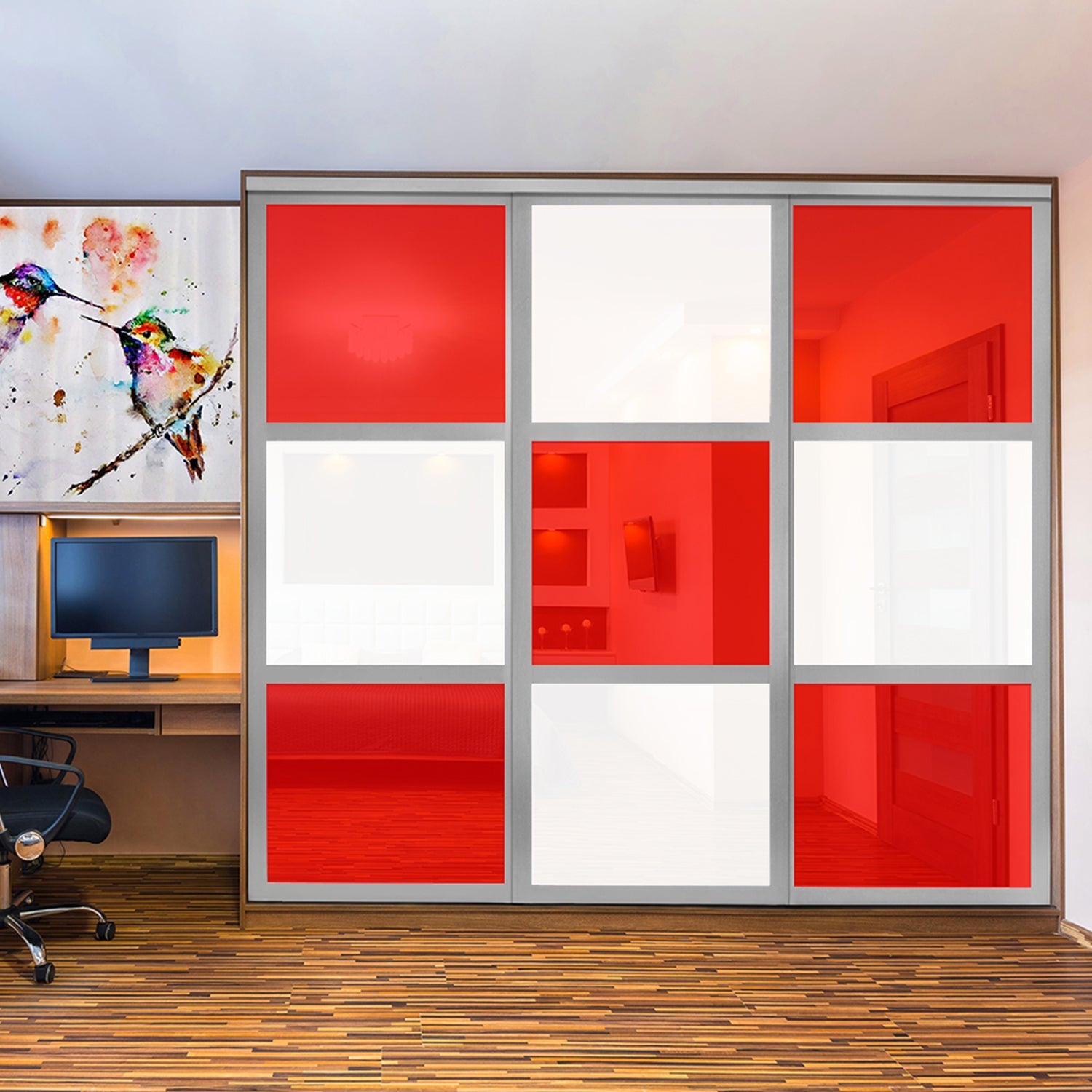 Puerta de clóset de 3 hojas - Vidrio pintado Rojo y Espejo