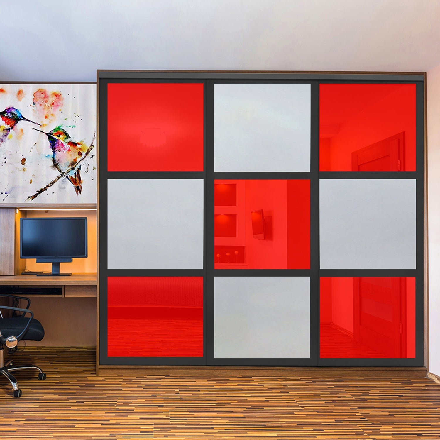 Puerta De Clóset De 3 Hojas - Full-Privado Y Cristal Pintado Rojo