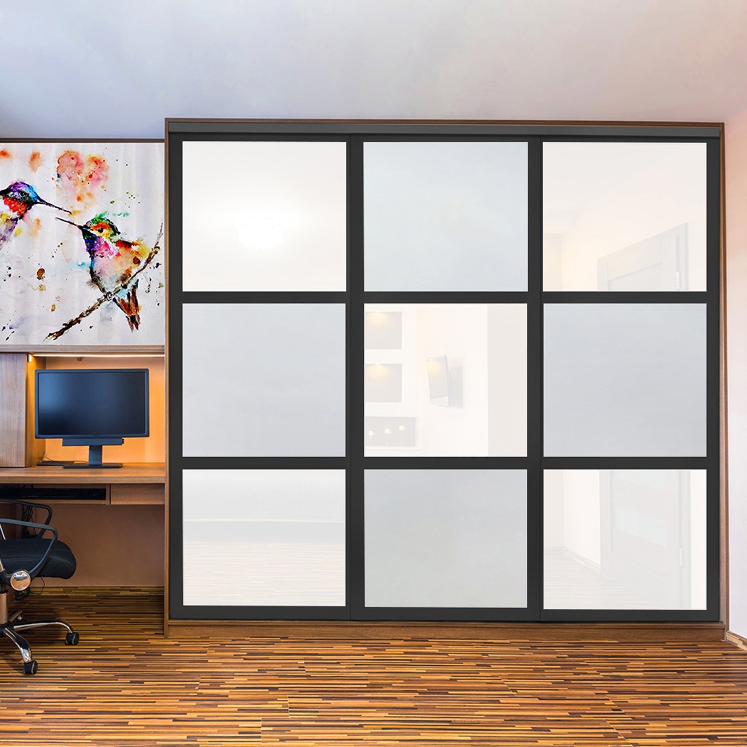 PUERTA DE CLOSET CON 3 PANELES - FULL-PRIVADO Y VIDRIO PINTADO BLANCO