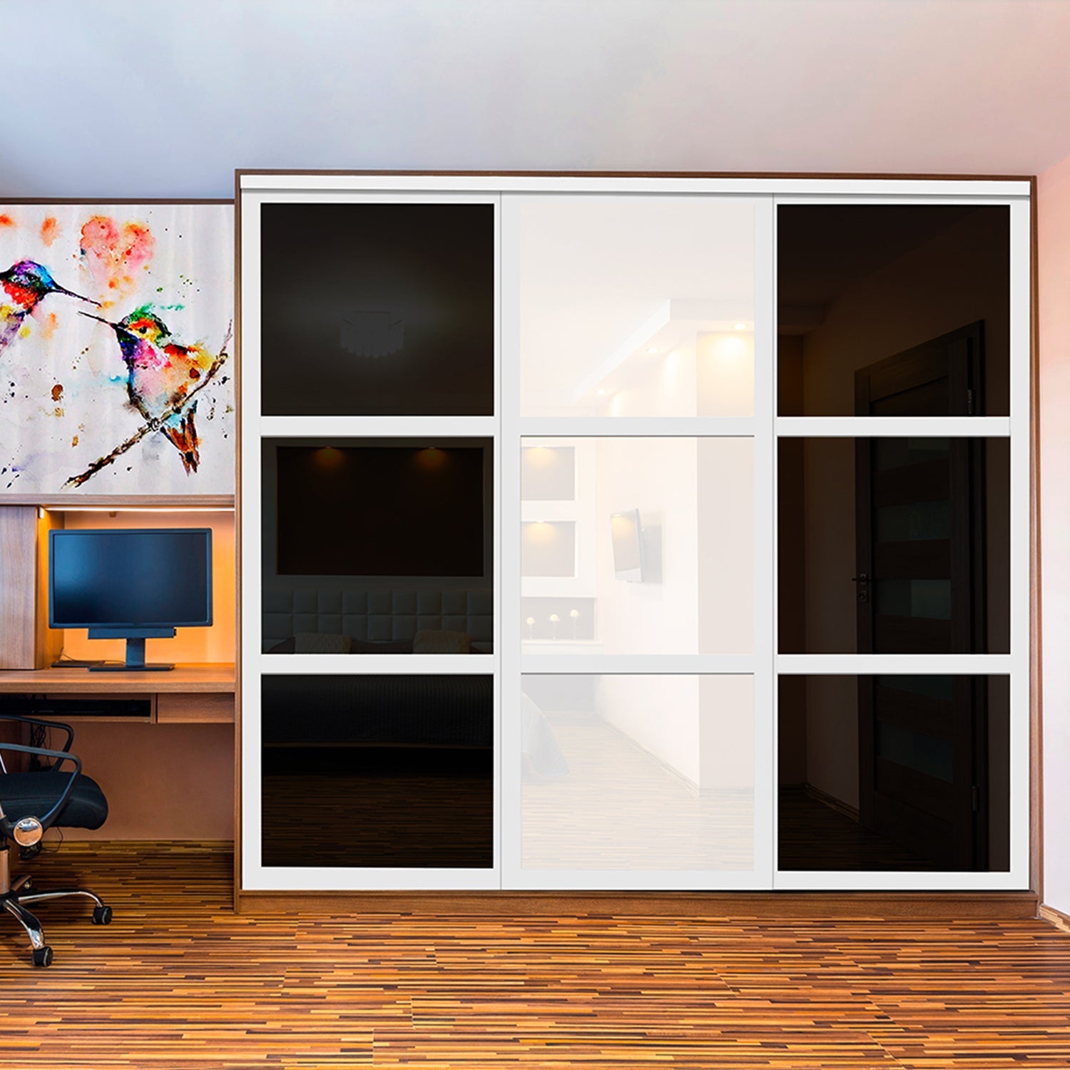 Puerta de clóset de 3 hojas - Cristal pintado en blanco y negro