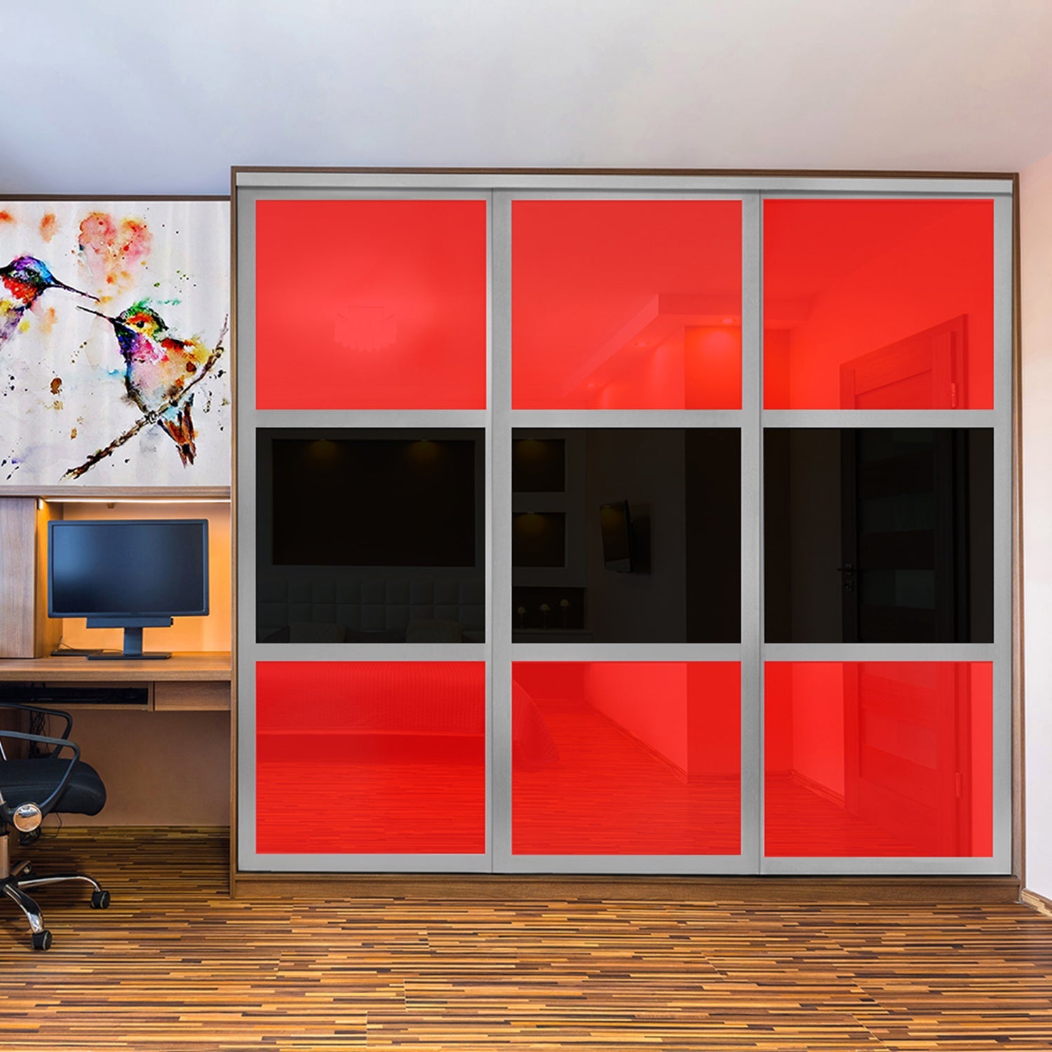 PUERTA DE CLÓSET DE 3 HOJAS - CRISTAL PINTADO ROJO Y NEGRO