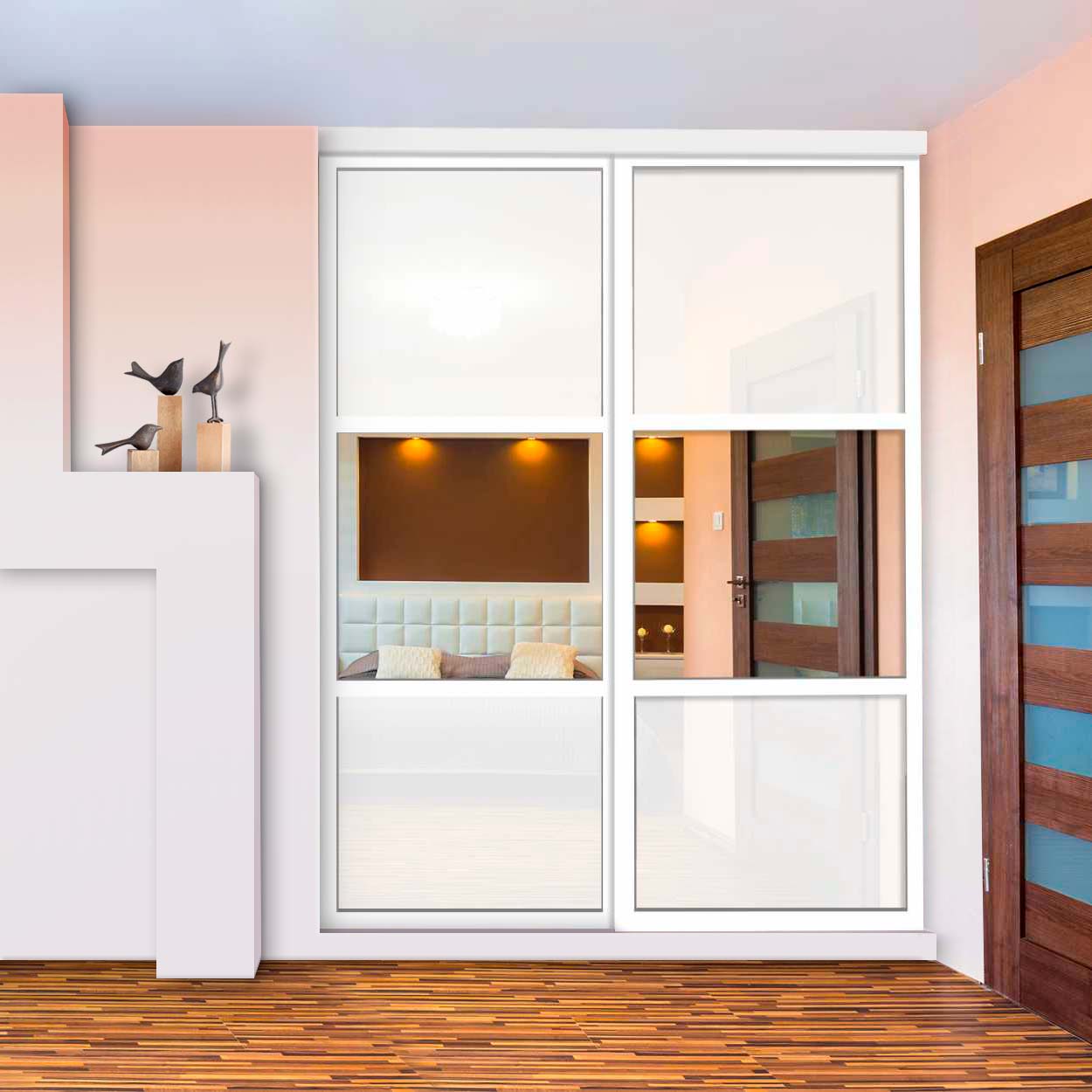 Puerta De Clóset Con 2 Paneles - Blanco y Vidrio Pintado Espejo BMSC-1181