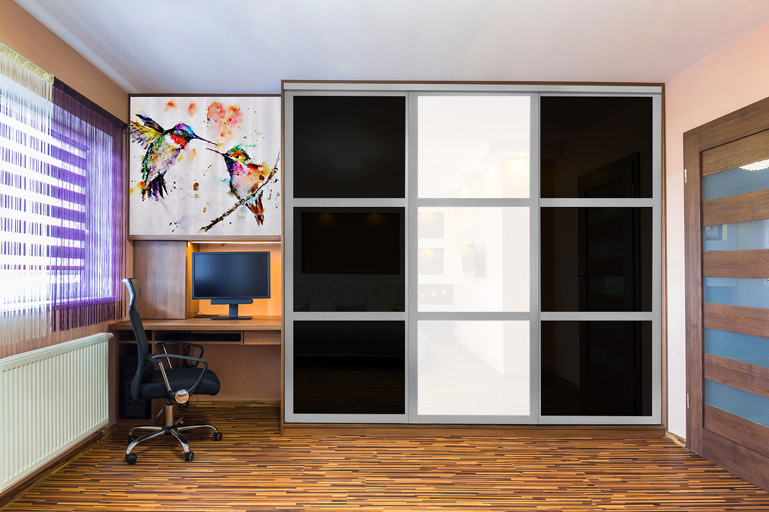 Puerta de clóset de 3 hojas - Cristal pintado en blanco y negro