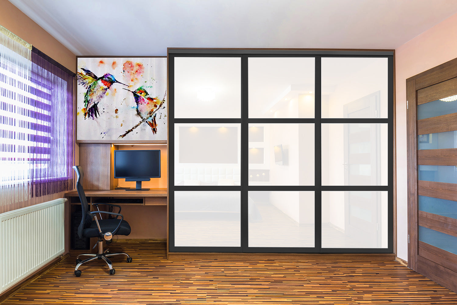 Puerta de clóset de 3 hojas - Cristal pintado en blanco y negro