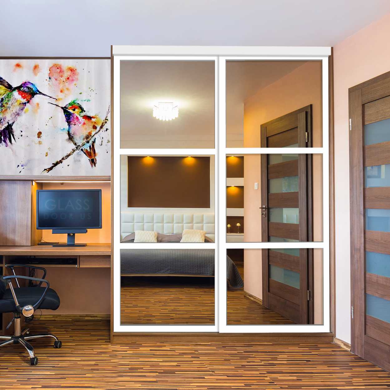 Puerta De Armario Con Vidrio Pintado Rojo Y Espejo Insertado 2 Paneles BMSC -1178