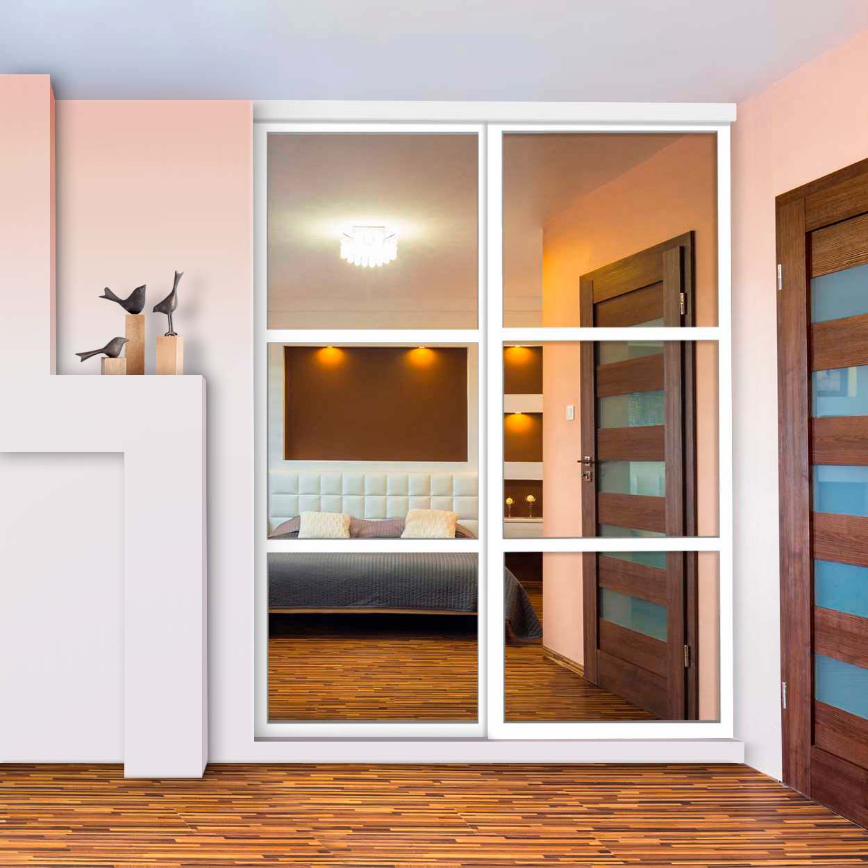 Puerta De Clóset Con 2 Paneles - Blanco y Vidrio Pintado Espejo BMSC-1181