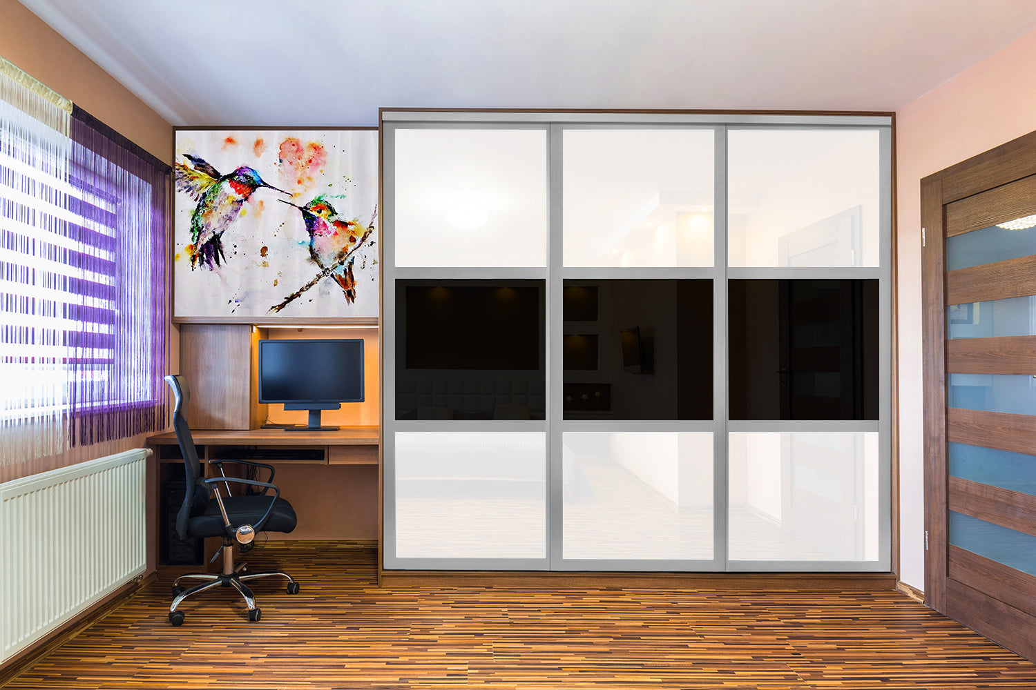 Puerta de clóset de 3 hojas - Cristal pintado en blanco y negro