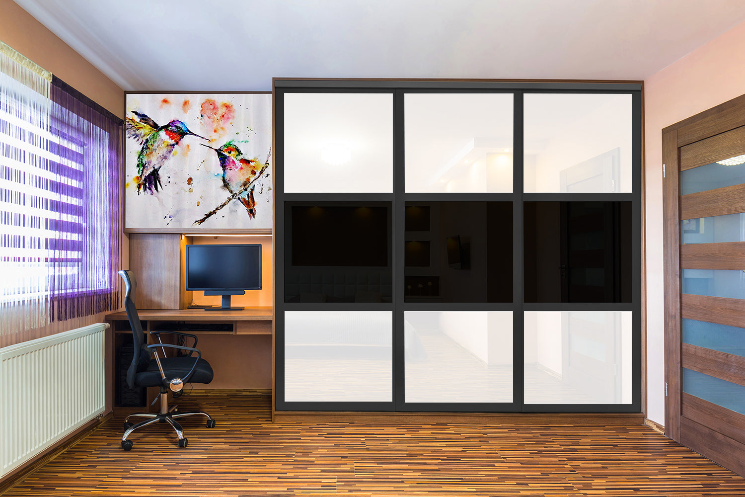 Puerta de clóset de 3 hojas - Cristal pintado en blanco y negro