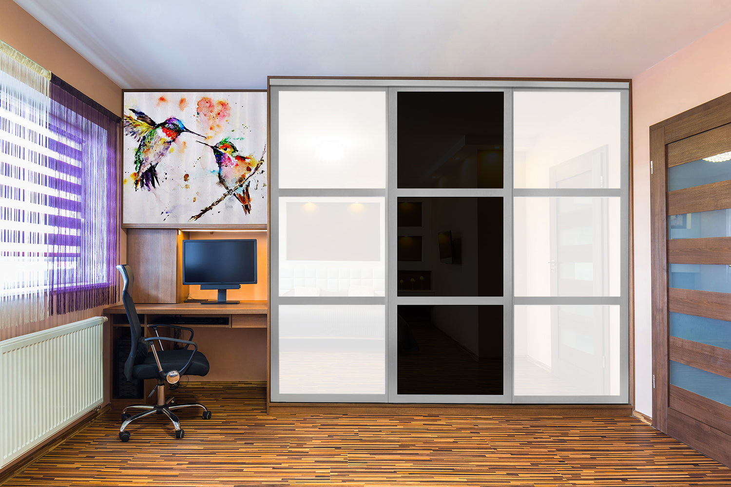 Puerta de clóset de 3 hojas - Cristal pintado en blanco y negro