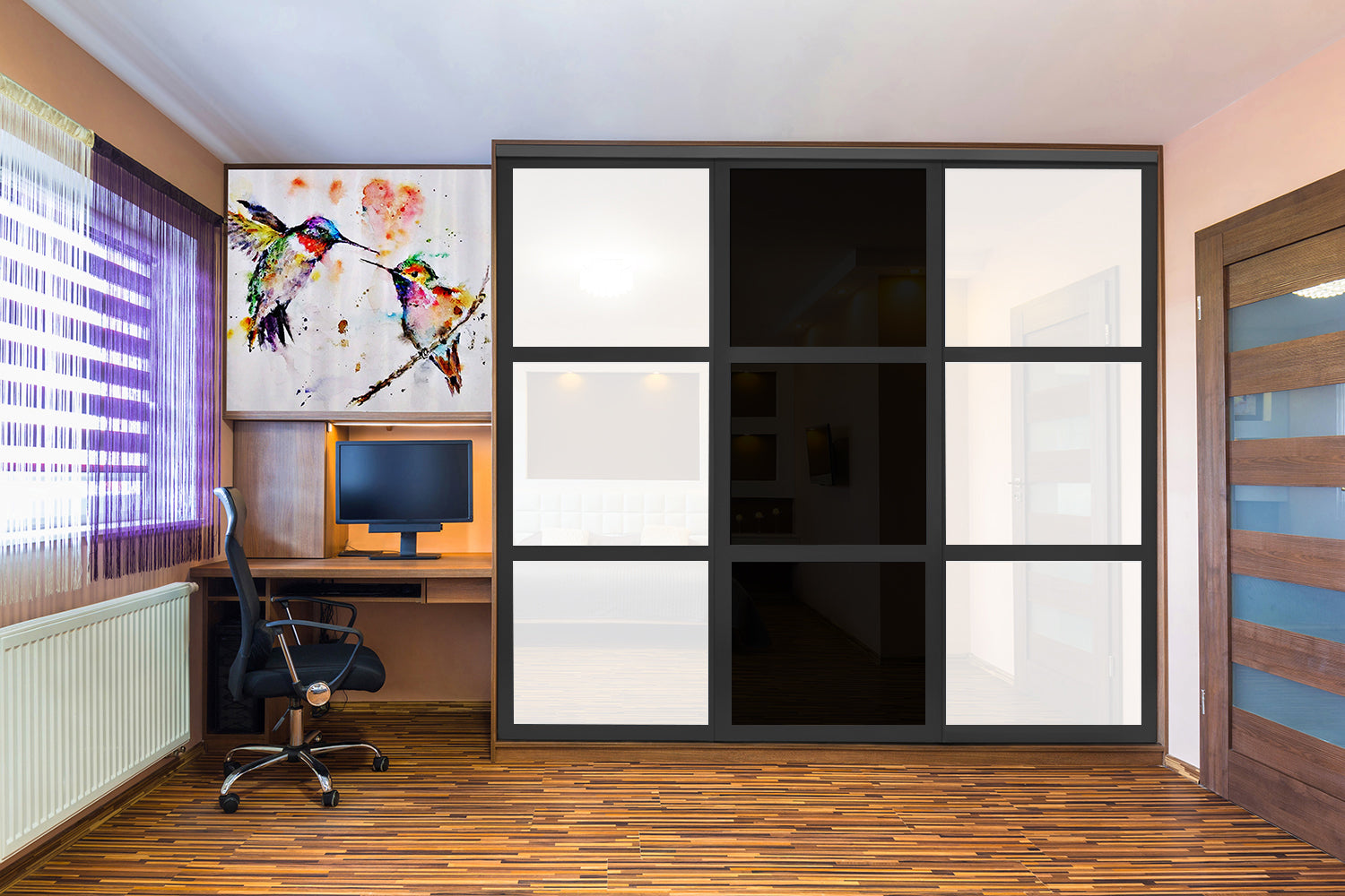 Puerta de clóset de 3 hojas - Cristal pintado en blanco y negro