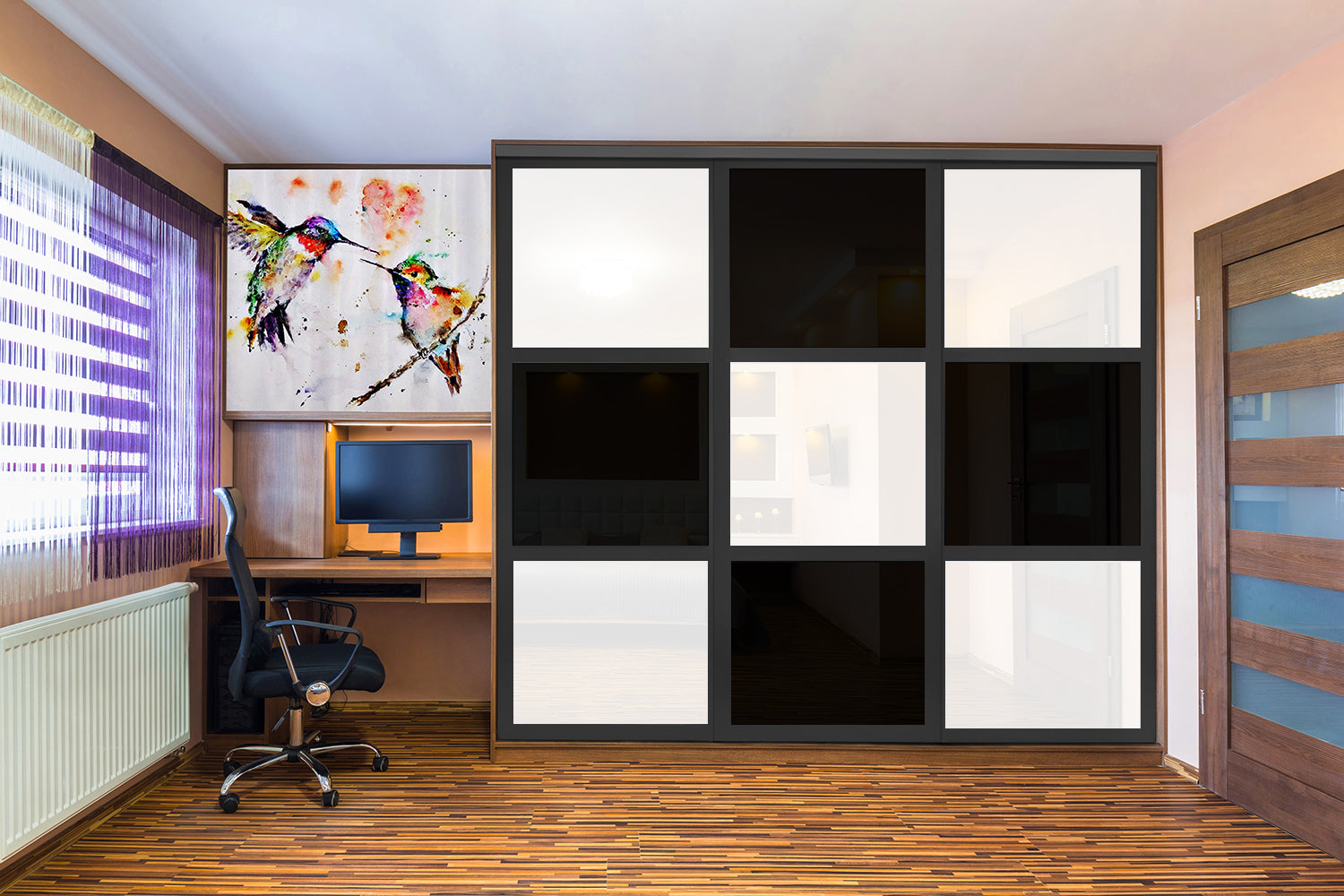 Puerta de clóset de 3 hojas - Cristal pintado en blanco y negro