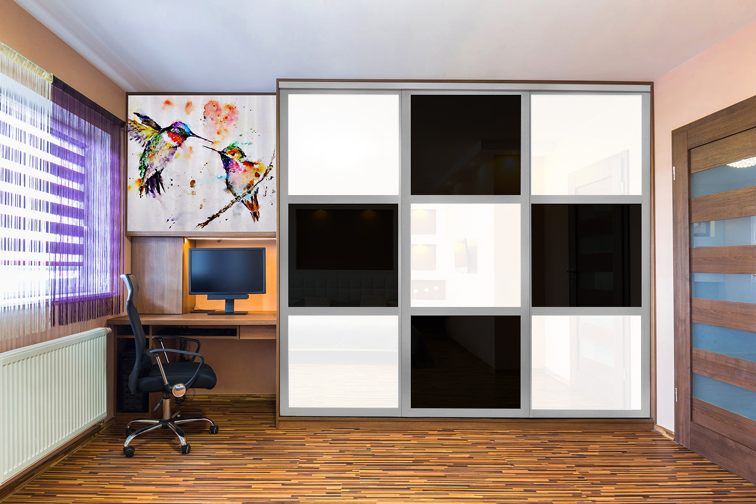 Puerta de clóset de 3 hojas - Cristal pintado en blanco y negro