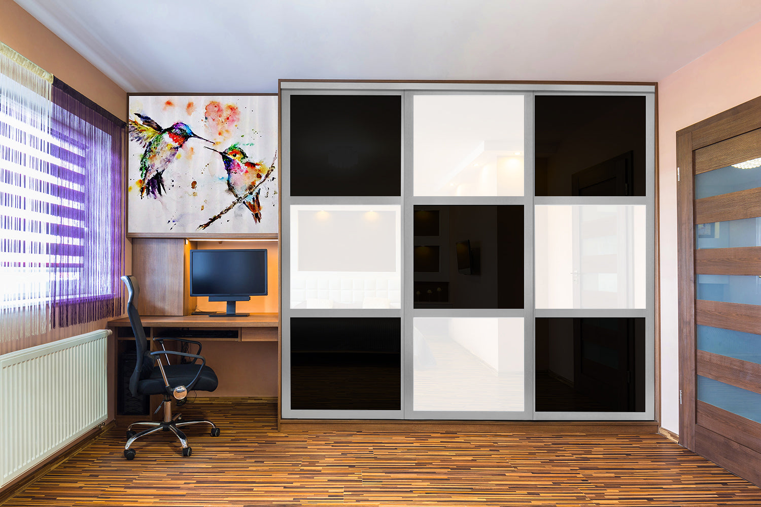 Puerta de clóset de 3 hojas - Cristal pintado en blanco y negro