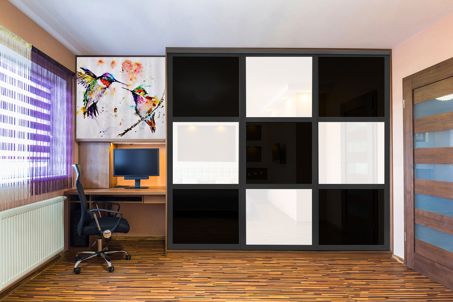 Puerta de clóset de 3 hojas - Cristal pintado en blanco y negro