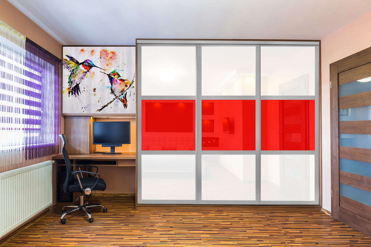 Puerta de clóset de 3 hojas - Vidrio pintado Rojo y Espejo