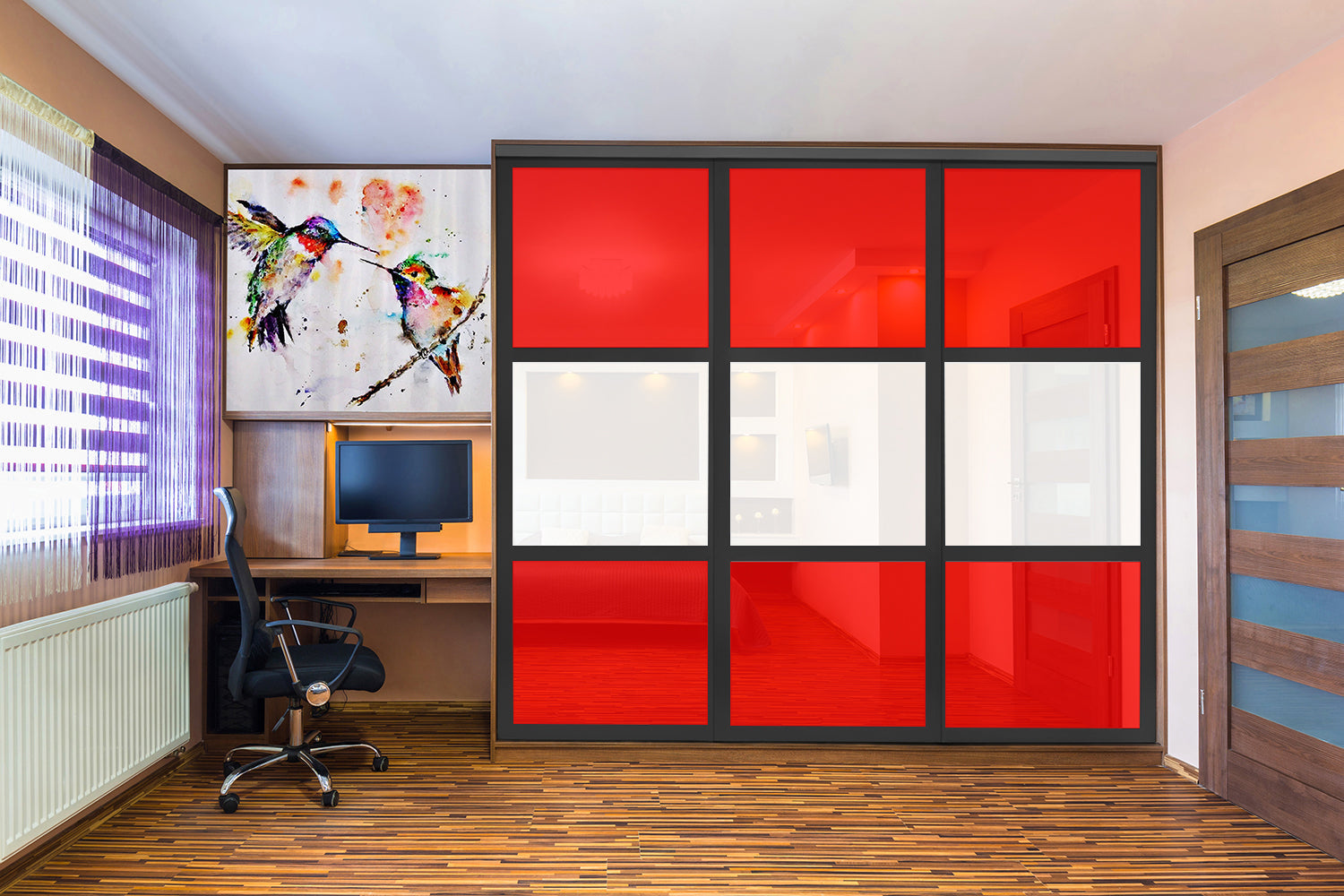 Puerta de clóset de 3 hojas - Vidrio pintado Rojo y Espejo