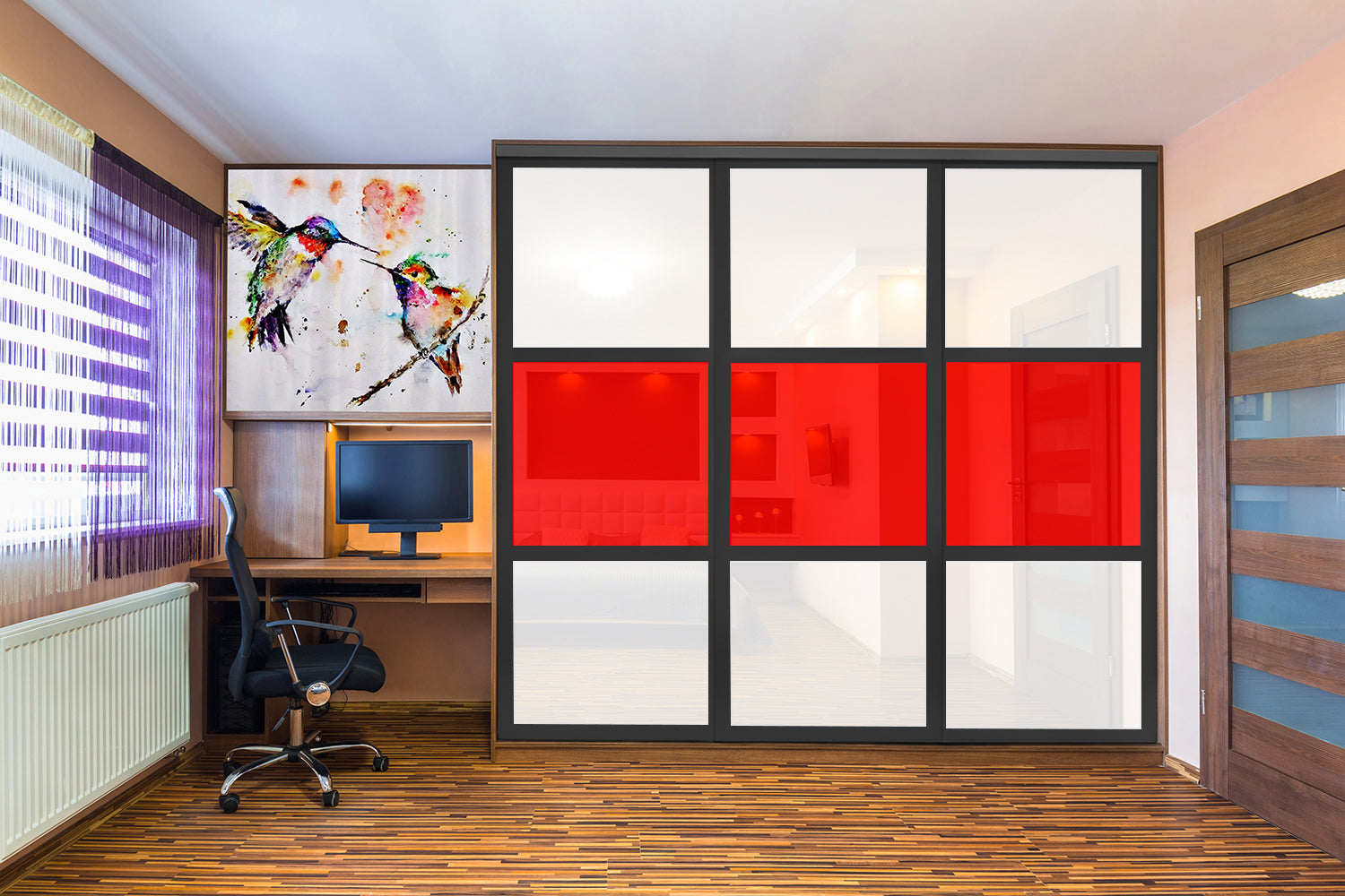 Puerta de clóset de 3 hojas - Vidrio pintado Rojo y Espejo