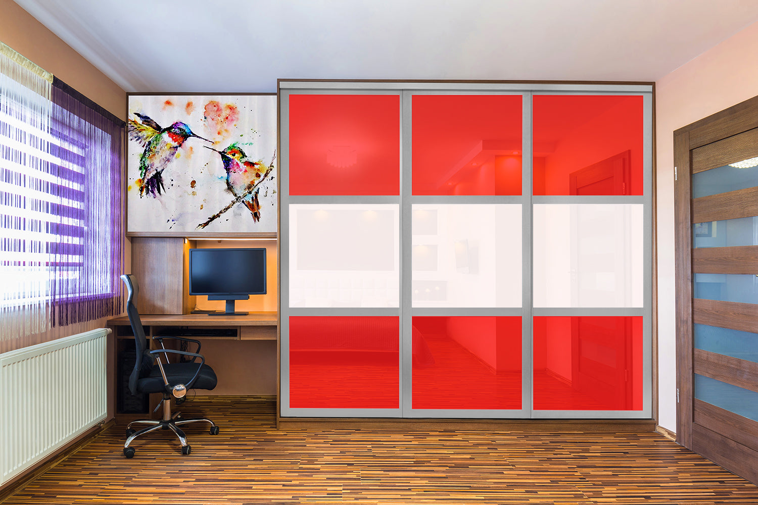 Puerta de clóset de 3 hojas - Vidrio pintado Rojo y Espejo