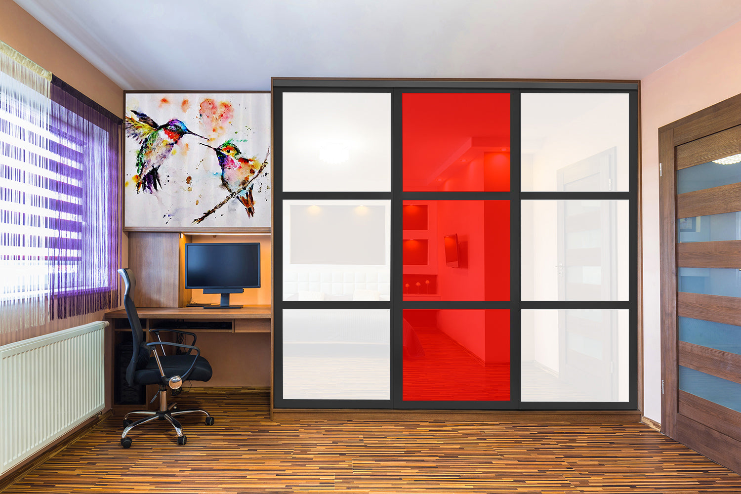 Puerta de clóset de 3 hojas - Vidrio pintado Rojo y Espejo