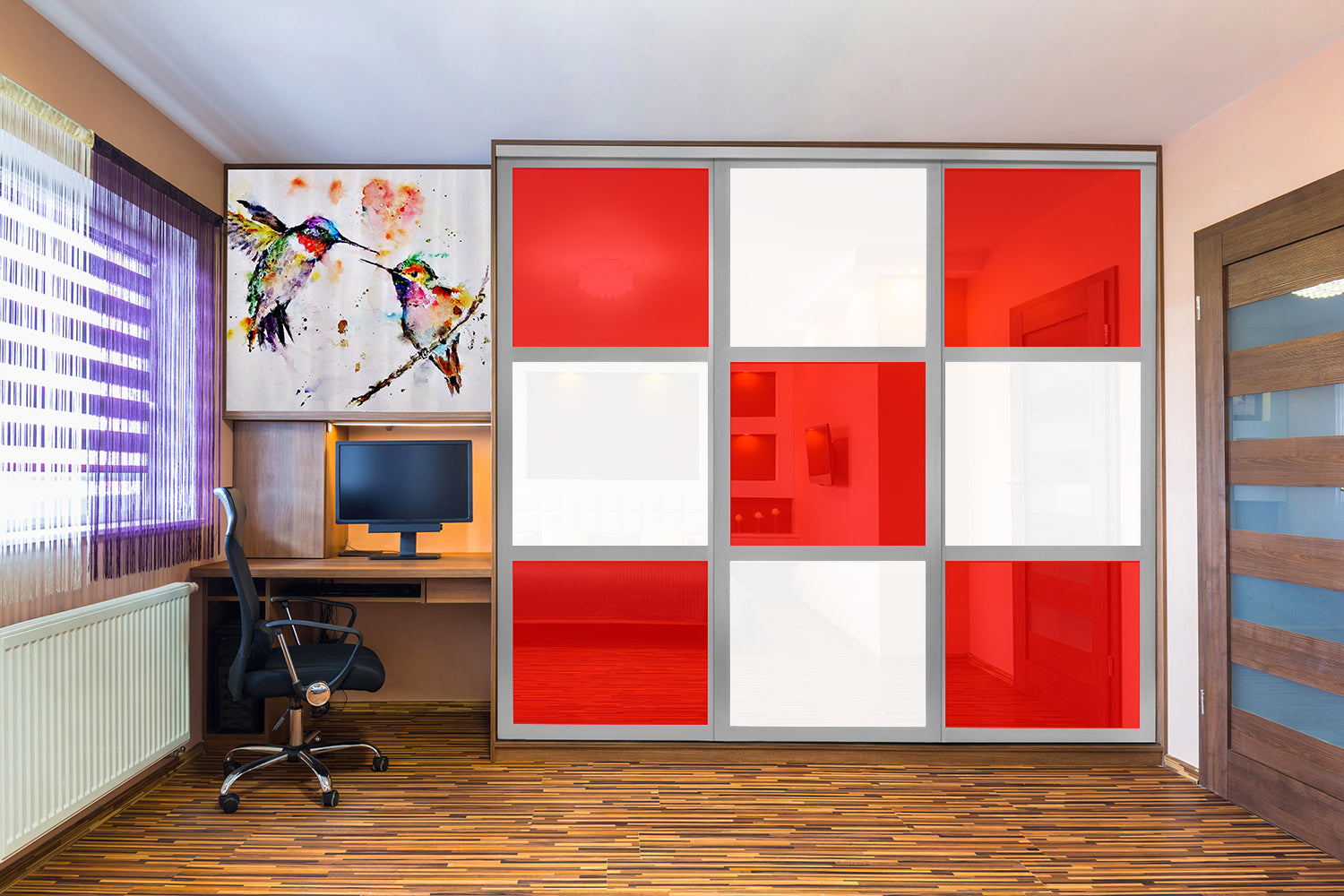 Puerta de clóset de 3 hojas - Vidrio pintado Rojo y Espejo