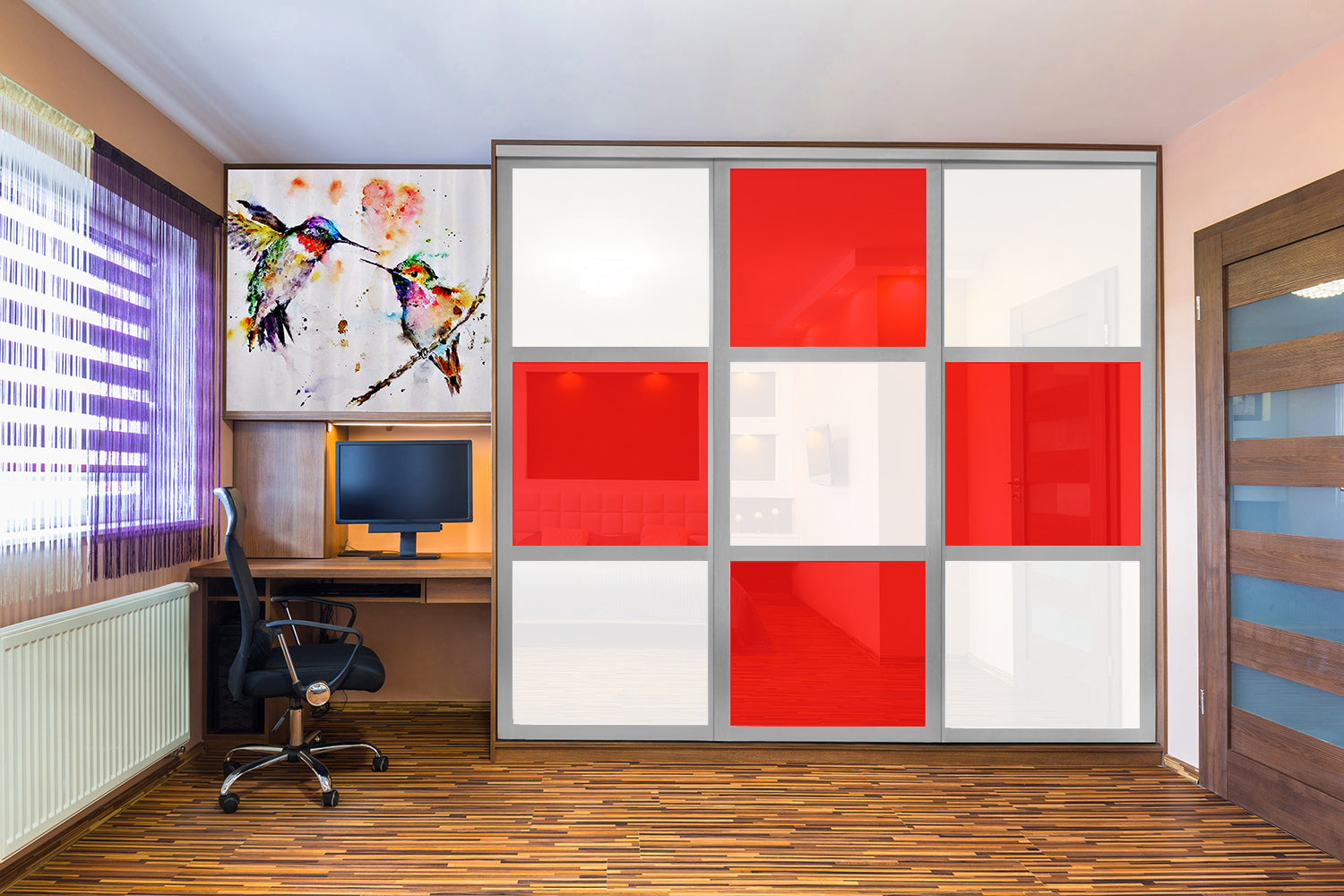 Puerta de clóset de 3 hojas - Vidrio pintado Rojo y Espejo