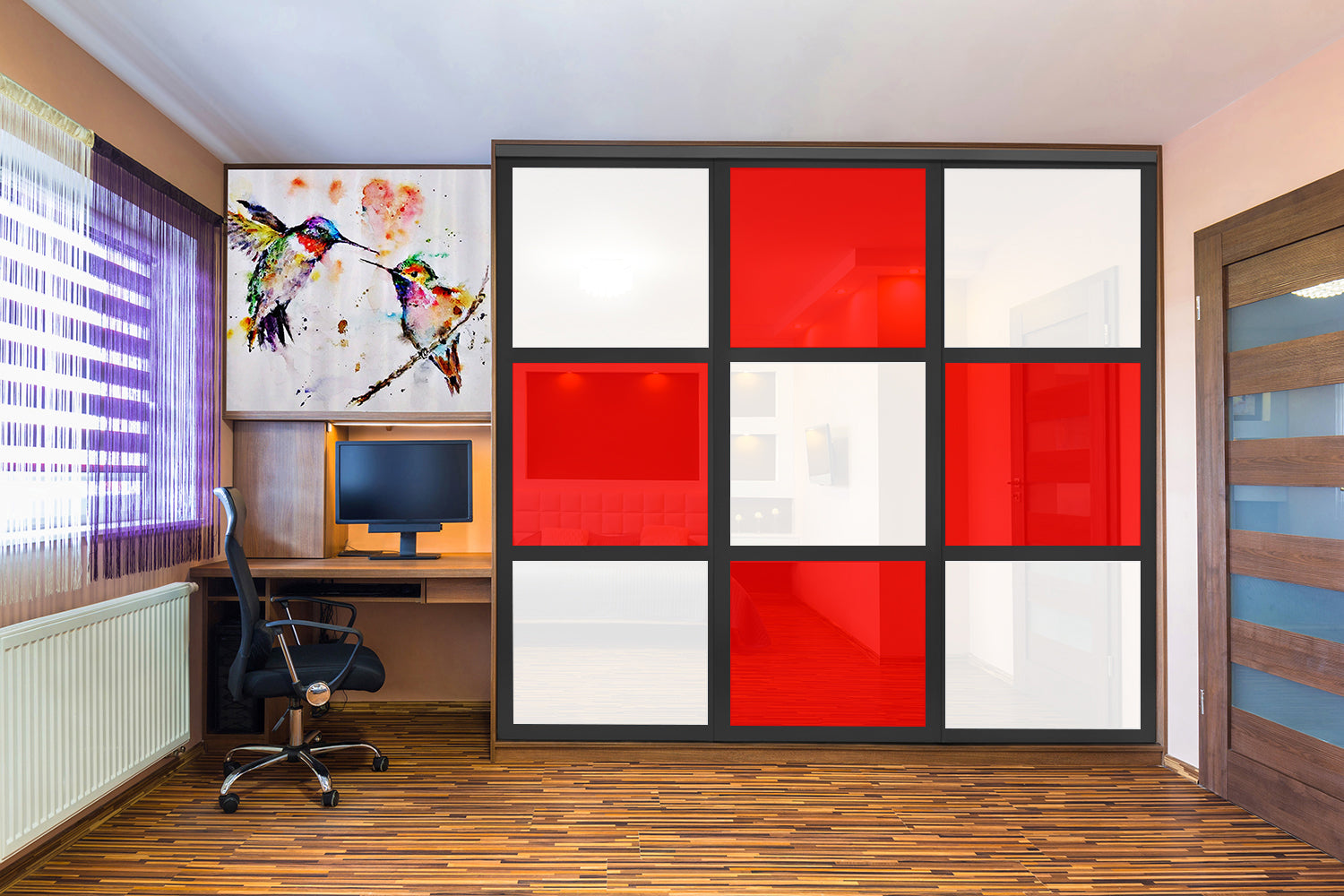 Puerta de clóset de 3 hojas - Vidrio pintado Rojo y Espejo