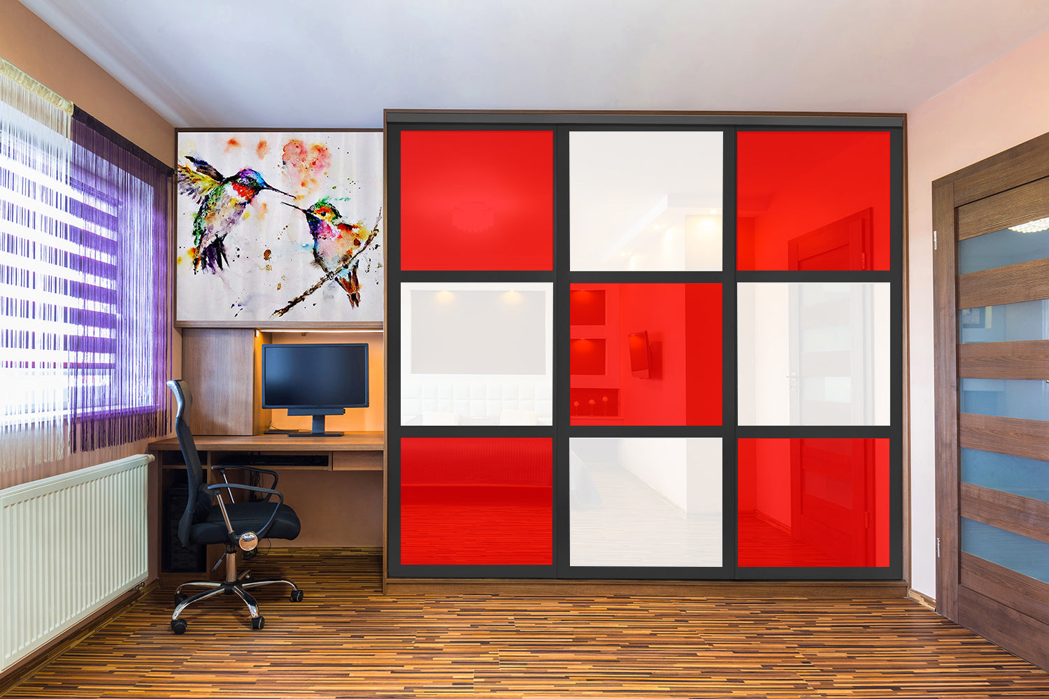 Puerta de clóset de 3 hojas - Vidrio pintado Rojo y Espejo