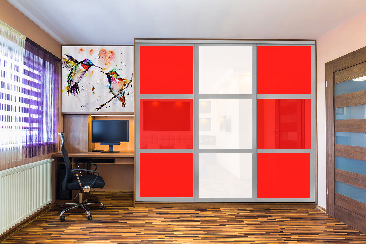 Puerta de clóset de 3 hojas - Vidrio pintado Rojo y Espejo