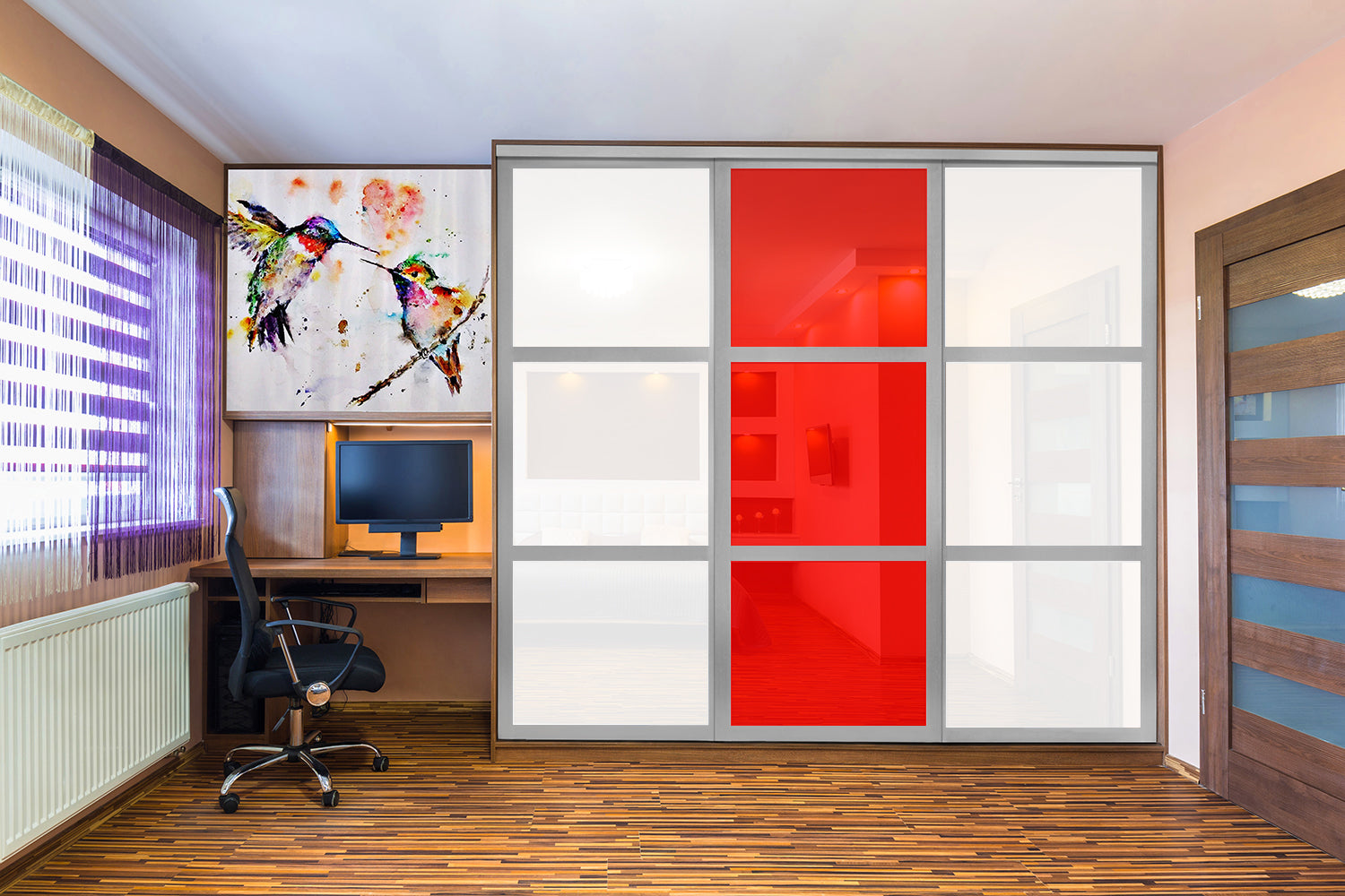 Puerta de clóset de 3 hojas - Vidrio pintado Rojo y Espejo