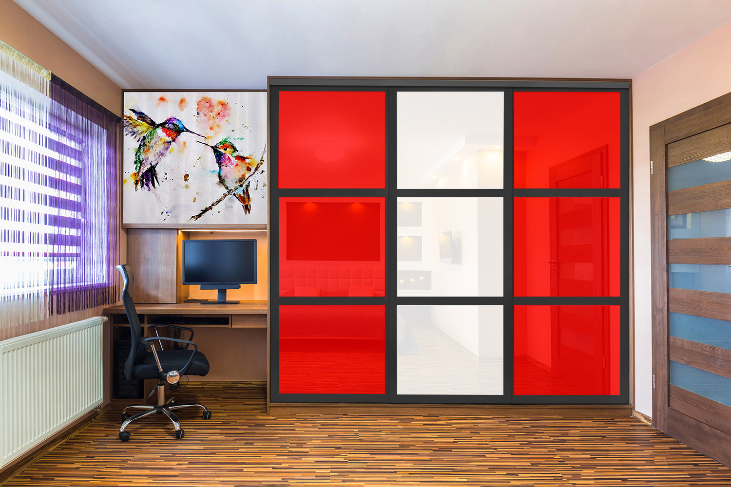 Puerta de clóset de 3 hojas - Vidrio pintado Rojo y Espejo