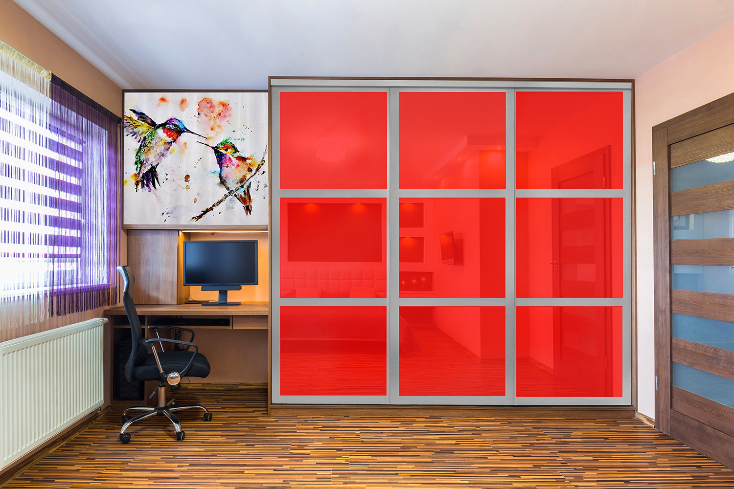 Puerta de clóset de 3 hojas - Vidrio pintado Rojo y Espejo