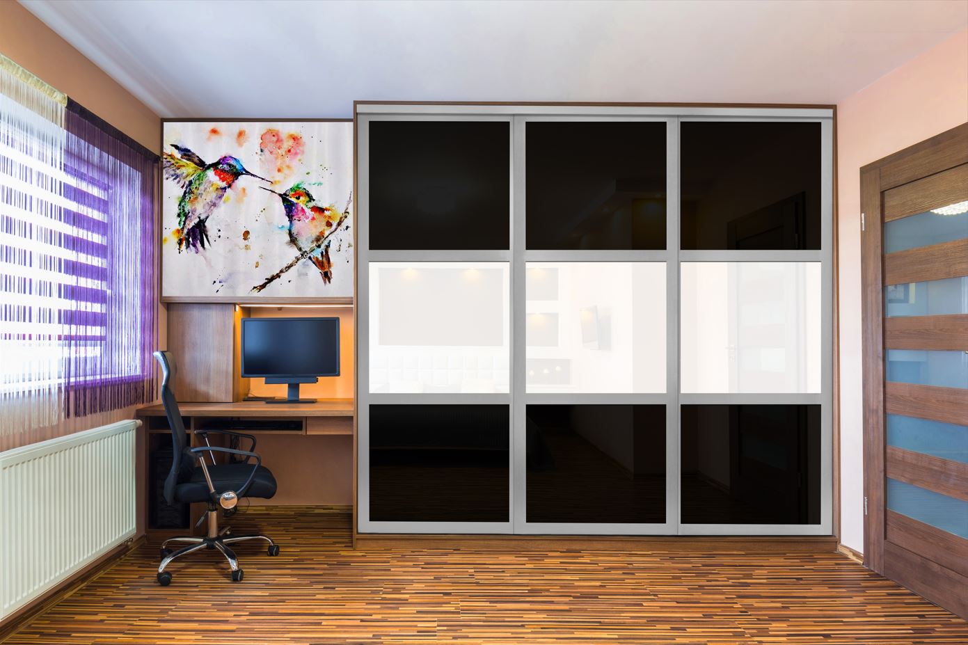 Puerta de clóset de 3 hojas - Cristal pintado en blanco y negro