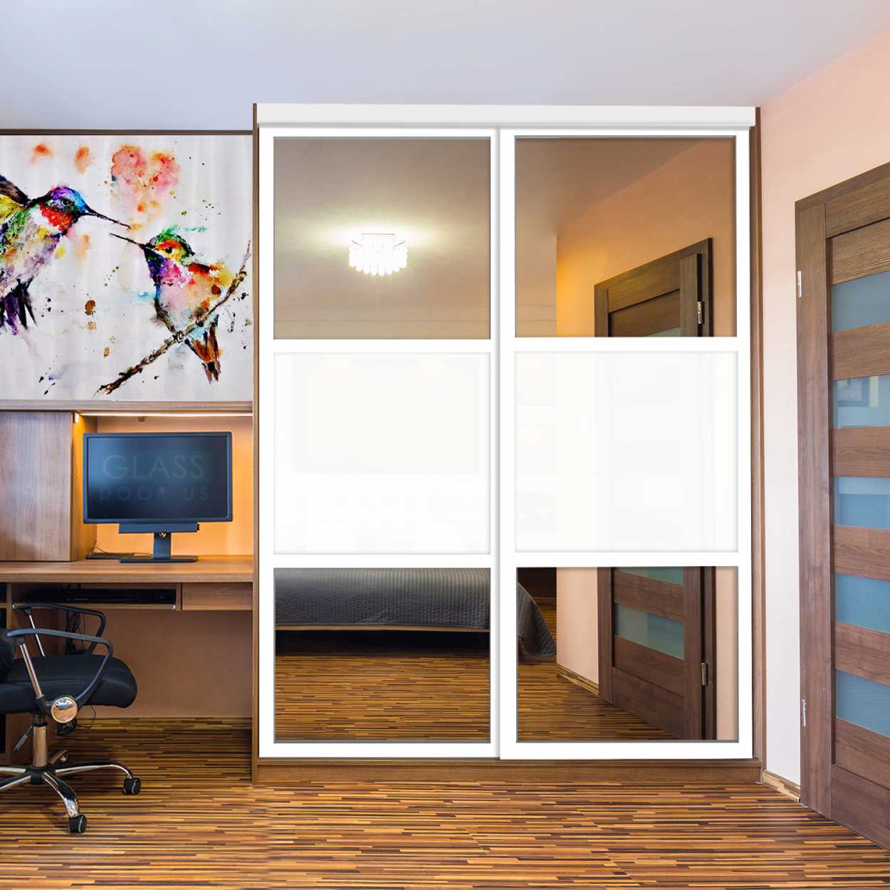 Puerta De Armario Con Vidrio Pintado Blanco Y Espejo Insertado 2 Paneles BMSC-1179