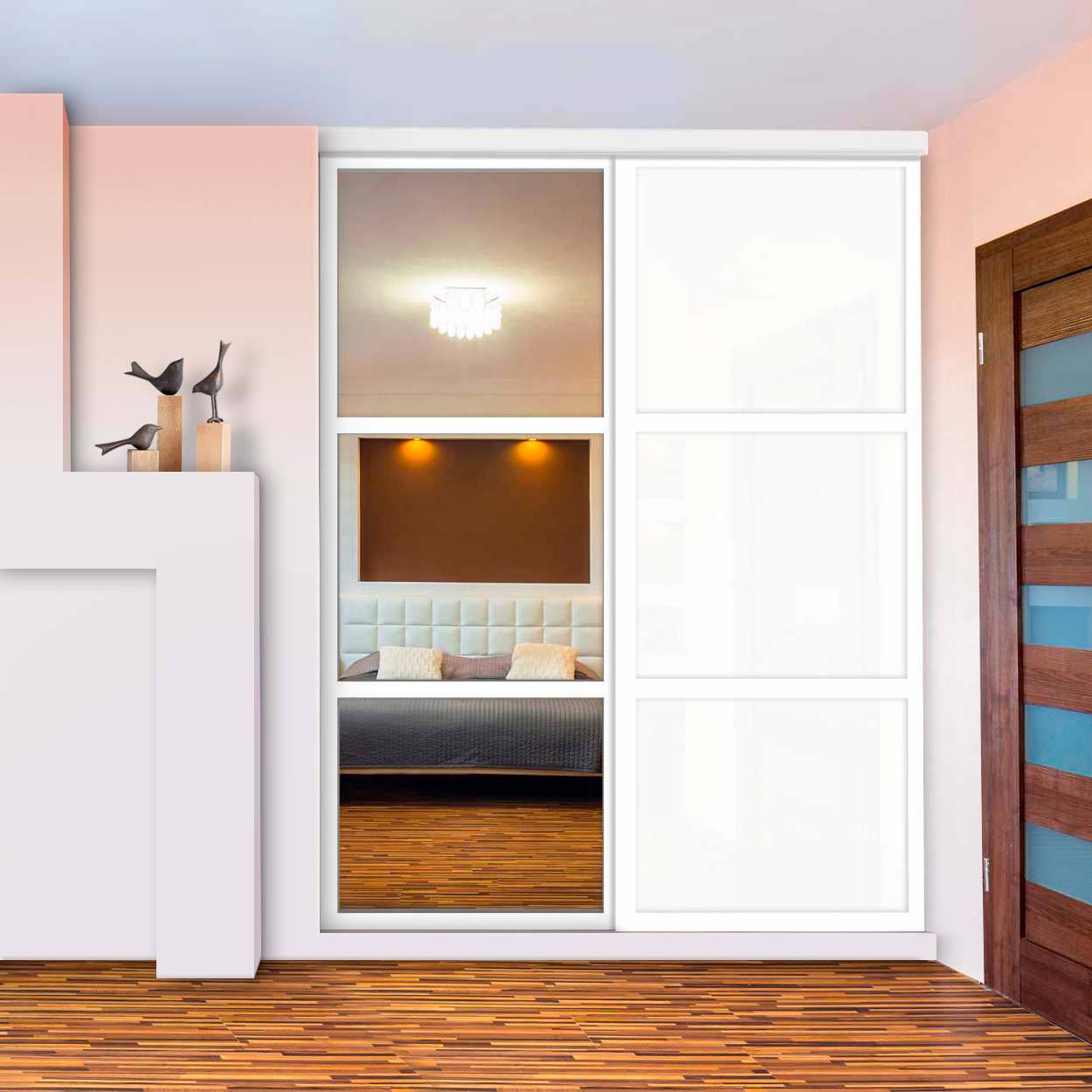 Puerta De Clóset Con 2 Paneles - Blanco y Vidrio Pintado Espejo BMSC-1181