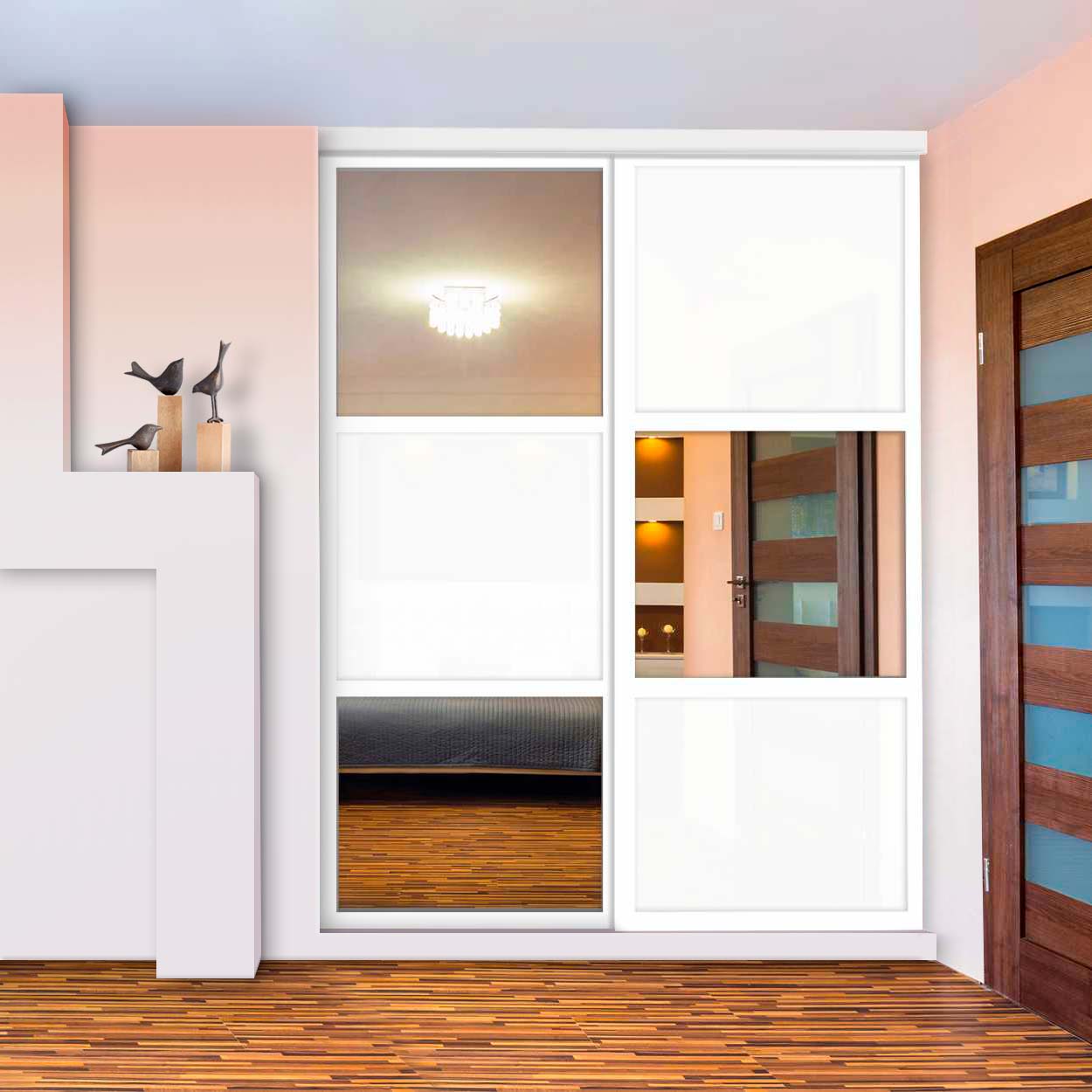 Puerta De Clóset Con 2 Paneles - Blanco y Vidrio Pintado Espejo BMSC-1181