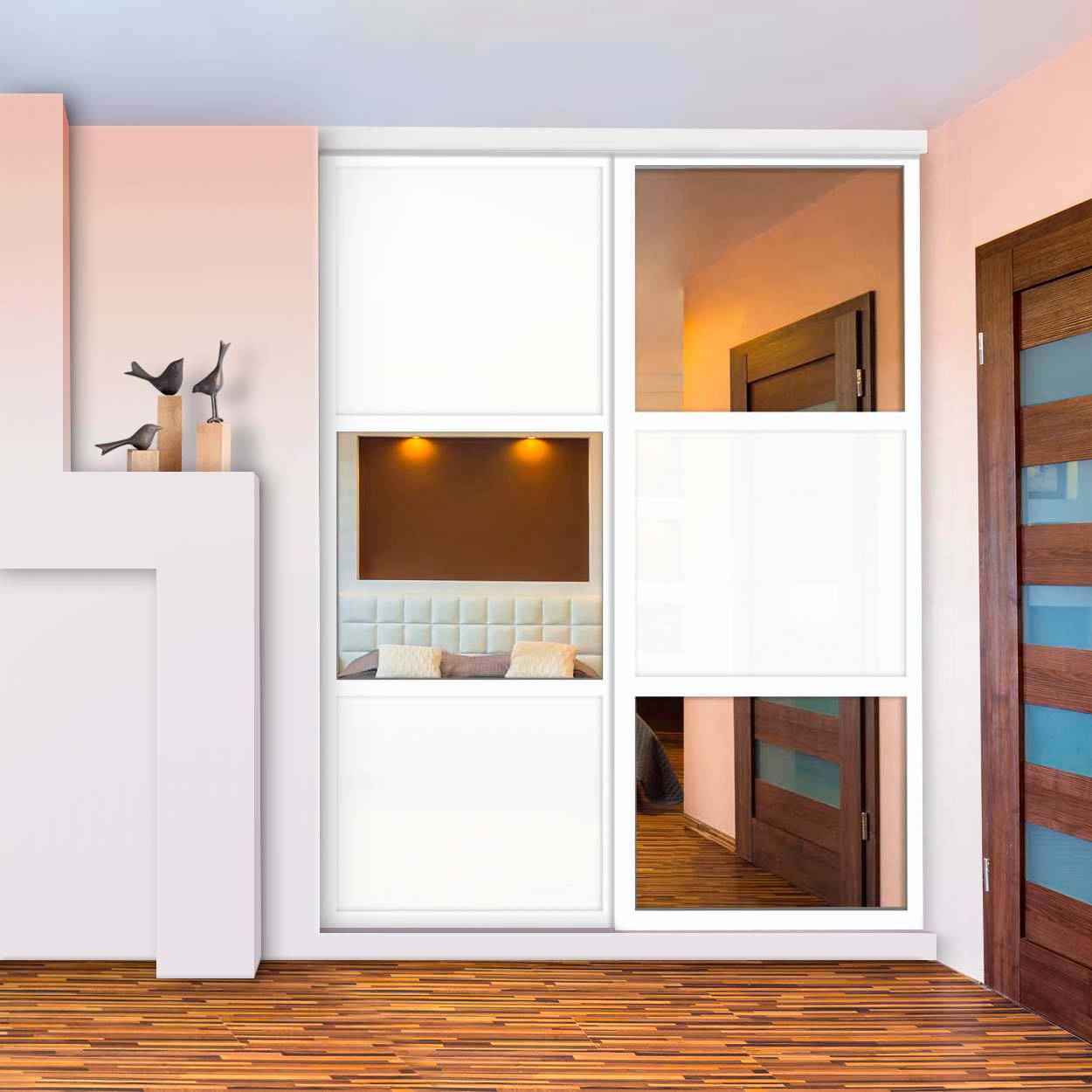 Puerta De Clóset Con 2 Paneles - Blanco y Vidrio Pintado Espejo BMSC-1181