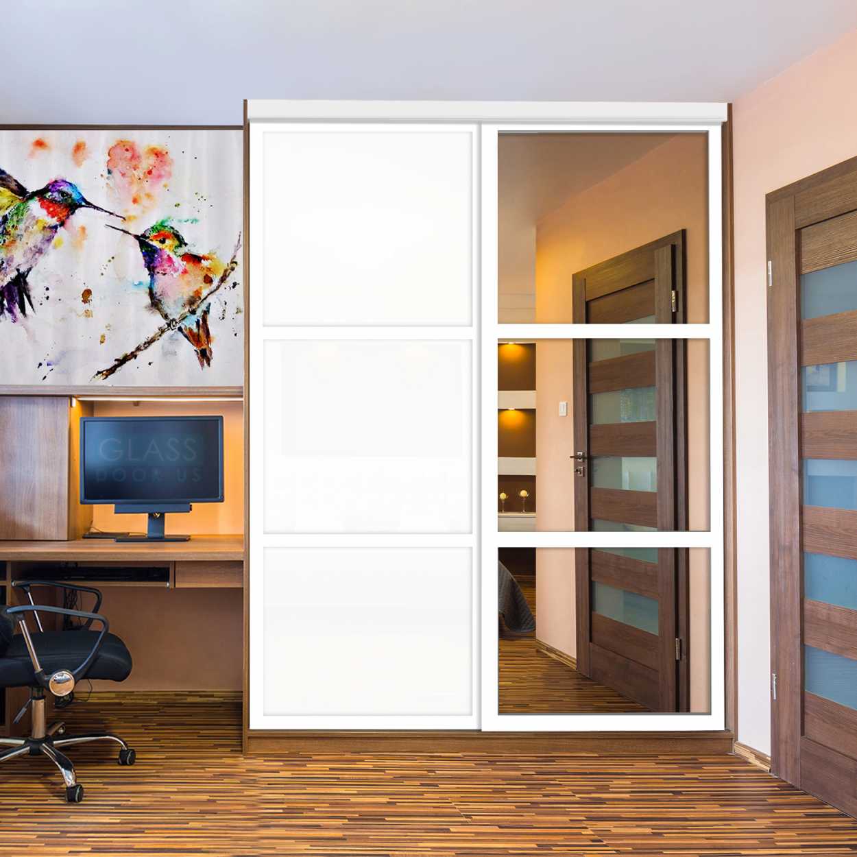 Puerta De Armario Con Vidrio Pintado Blanco Y Espejo Insertado 2 Paneles BMSC-1179