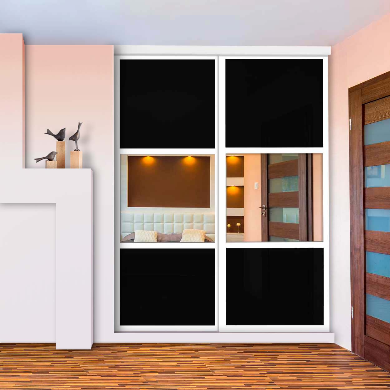 Puerta De Closet  Con 2 Paneles - Vidrio Pintado Negro Y Espejo BMSC-2137