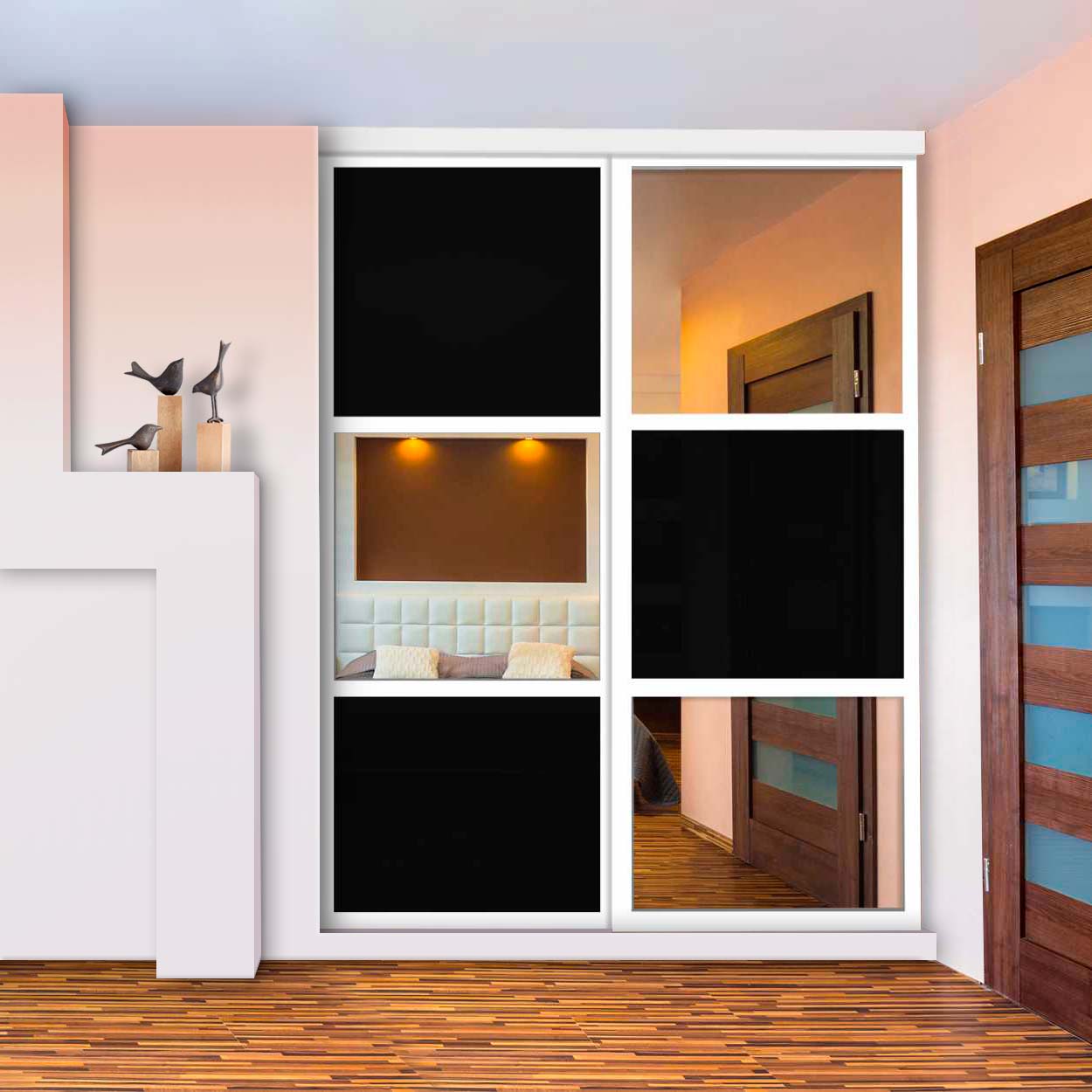 Puerta De Closet  Con 2 Paneles - Vidrio Pintado Negro Y Espejo BMSC-2137