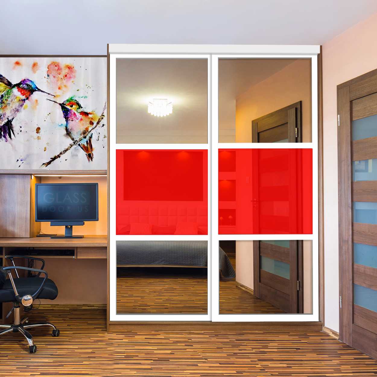 Puerta De Armario Con Vidrio Pintado Rojo Y Espejo Insertado 2 Paneles BMSC -1178