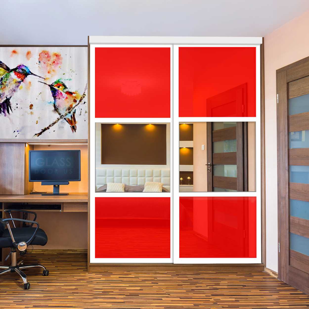 Puerta De Armario Con Vidrio Pintado Rojo Y Espejo Insertado 2 Paneles BMSC -1178