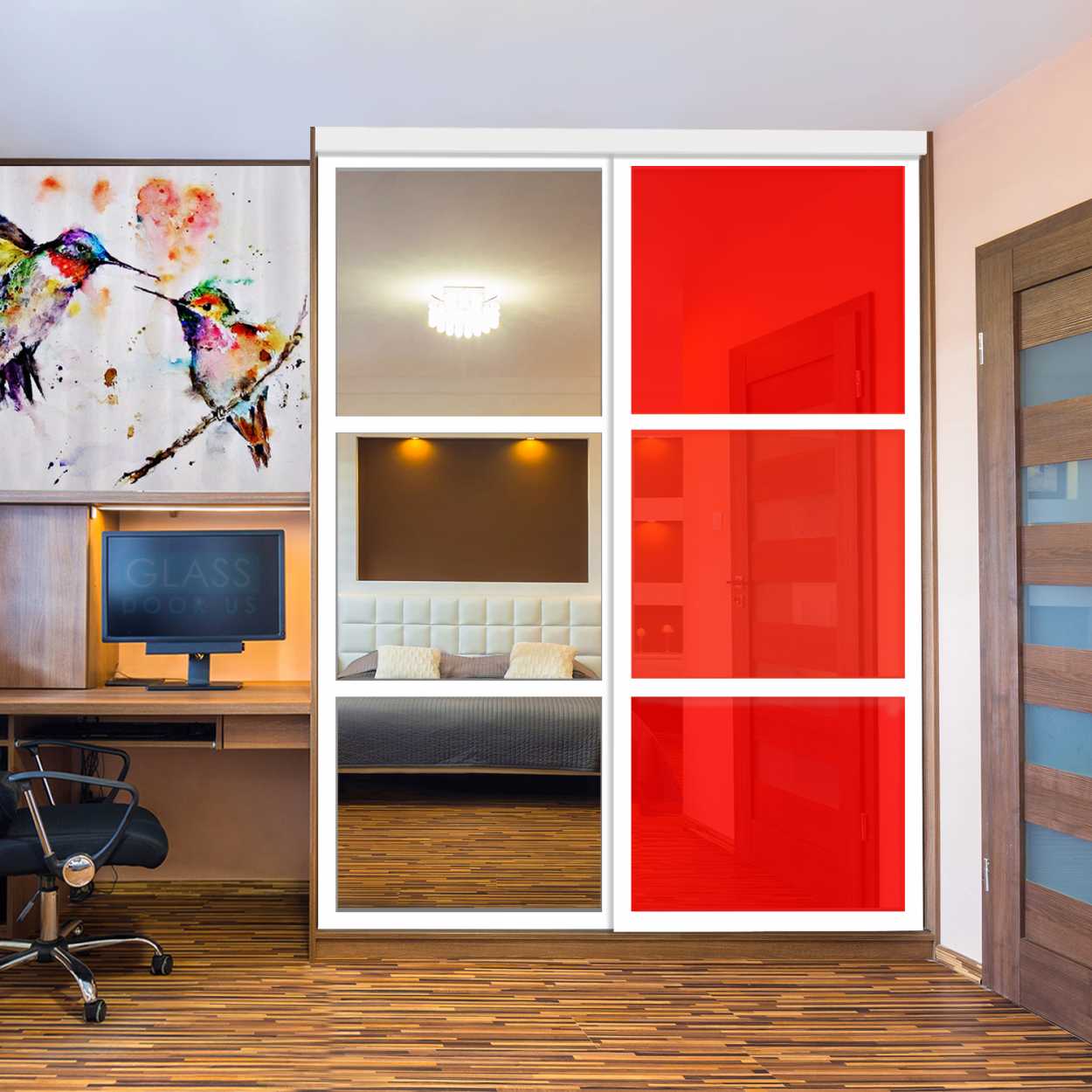 Puerta De Armario Con Vidrio Pintado Rojo Y Espejo Insertado 2 Paneles BMSC -1178