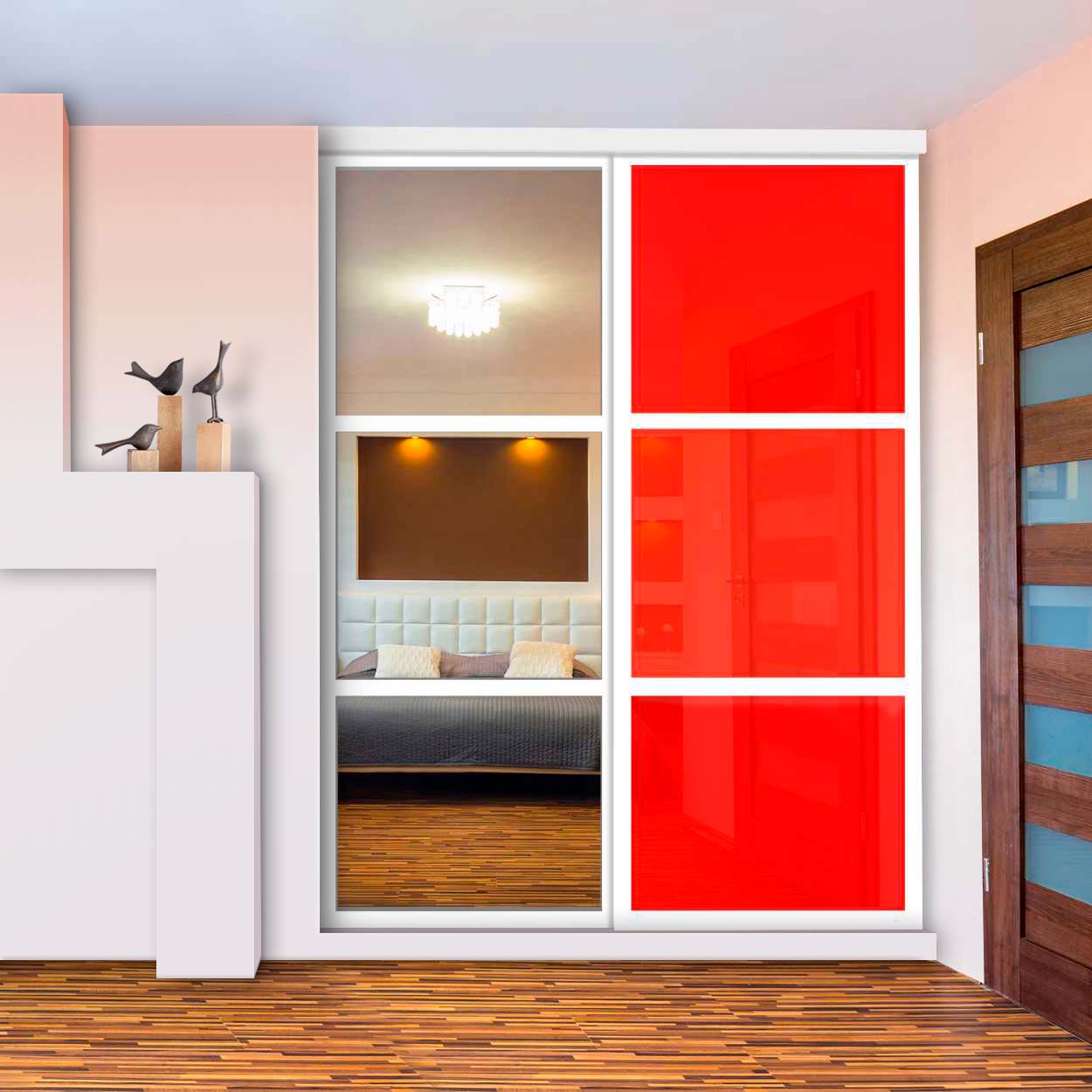 Puerta De Clóset De 2 Hojas - Vidrio Pintado Rojo y Espejo BMSC-1363