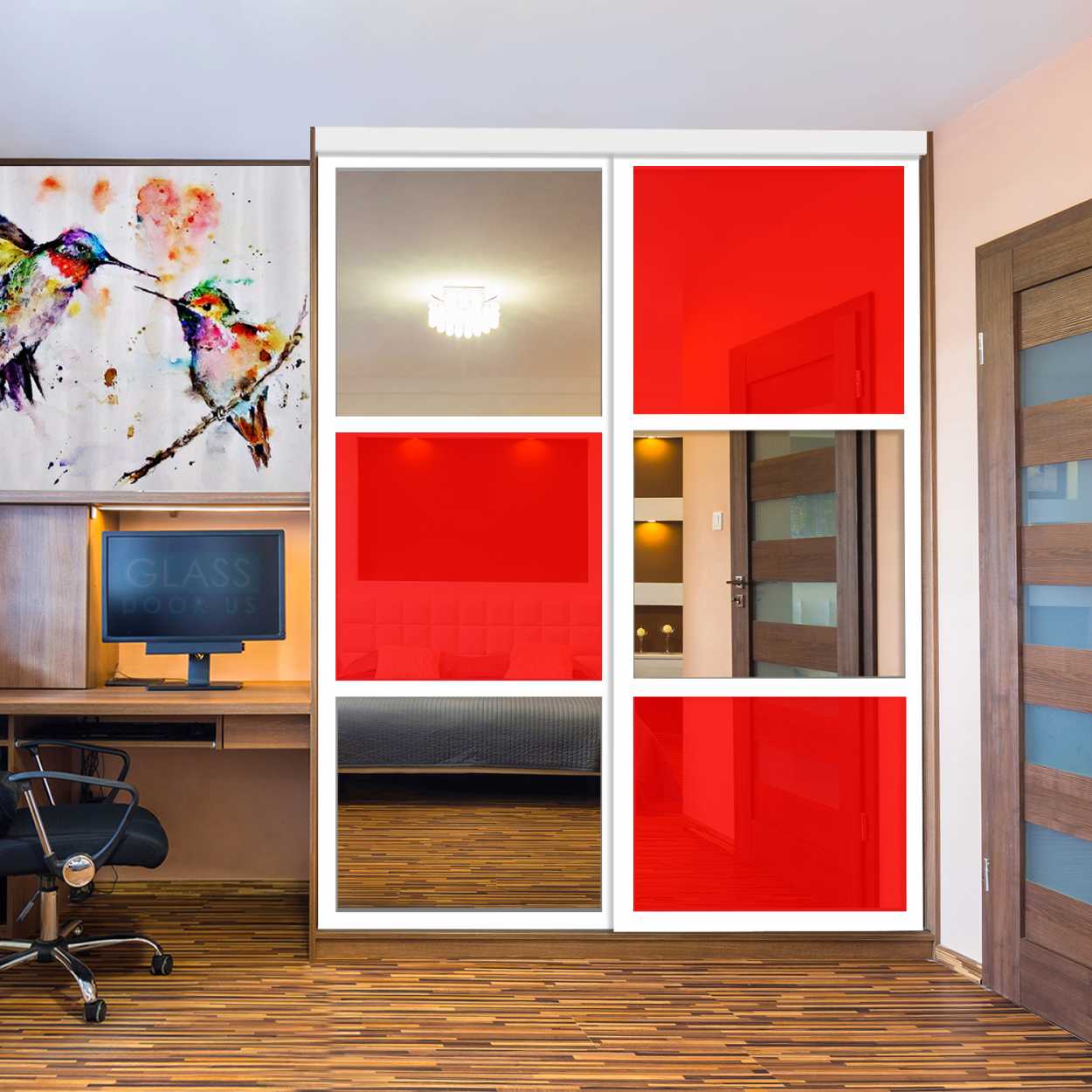 Puerta De Armario Con Vidrio Pintado Rojo Y Espejo Insertado 2 Paneles BMSC -1178