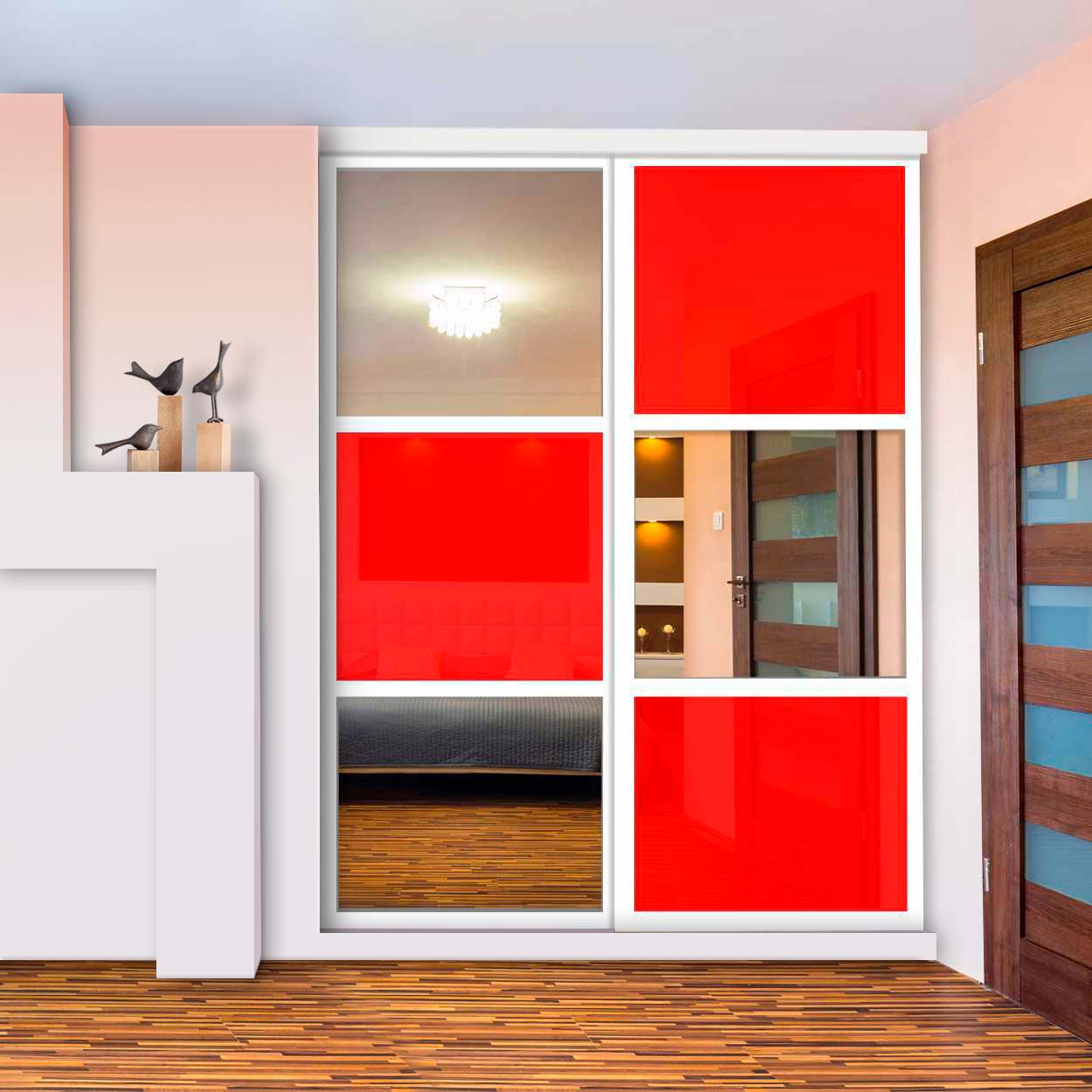 Puerta De Clóset De 2 Hojas - Vidrio Pintado Rojo y Espejo BMSC-1363